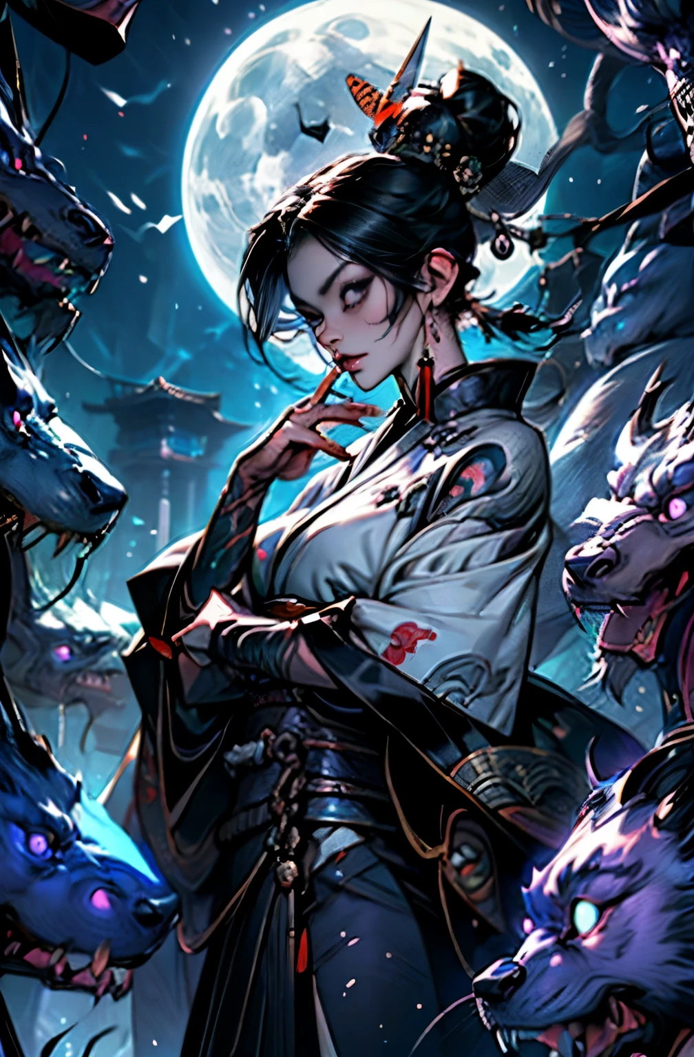 (photorealistic:1.3), masterpiece, best quality, (intricate details:1.2), (scenery:1.3), beautiful face, (black theme:1.3),
(((1girl, a girl in patterned kimono holding a dagger in her hand, (look at veiwer:1.3), (face tattoo:1.2), small oni horn,
))), full body, split in half