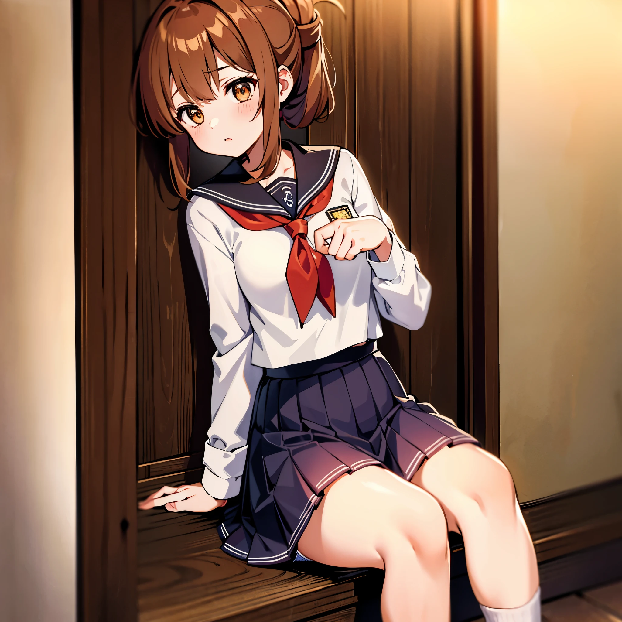 1 girl,alone,Pure_facial details_the face is pure_eye_eyeをした ((JK_uniform,高校生のuniform,高校生のuniform,高校のミニskirt,JK_sailor suit,JK_Seraków)),JK_skirt,JK_Loose Socks JK_loafer shoes,high school senior, short and fine hair,Middle Score,Sitting on the back stairs of an abandoned school building,(from the front:1.7),(eyeの前に足を広げる),(symmetrical configuration:1),(golden section:1.1),(golden ratio:1.1),(Keep your legs apart:1.3),{{Highly detailed thigh detail}},{{very detailed details}},(panties:1.4),(legs open,spread your legs:1.4),{The band-aid is attached to the},From the lower right corner。(masterpiece, best quality:1.2),illustration,8k,hd,1girl,solo,upper body,(portrait:1.2),brown_hair,folded_ponytail,brown_eyes,serafuku,long_hair,school_uniform,skirt,pleated_skirt,