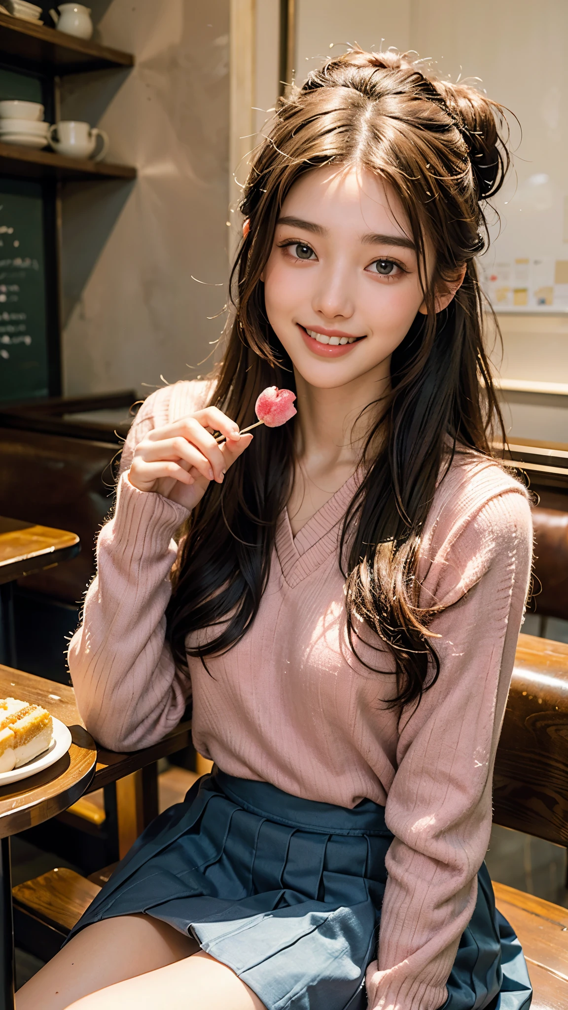 highest quality, masterpiece, ultra high resolution, (realistic:1.4), (portrait facing each other) RAW photo, 1 girl, 22 years old,slender body,Medium chest,((winter school uniform)),((long hair chignon)),((Chatting while eating sweets at a cafe)),((looking up at the viewer)),(blush),saturation, contrast,((toothy smile)),