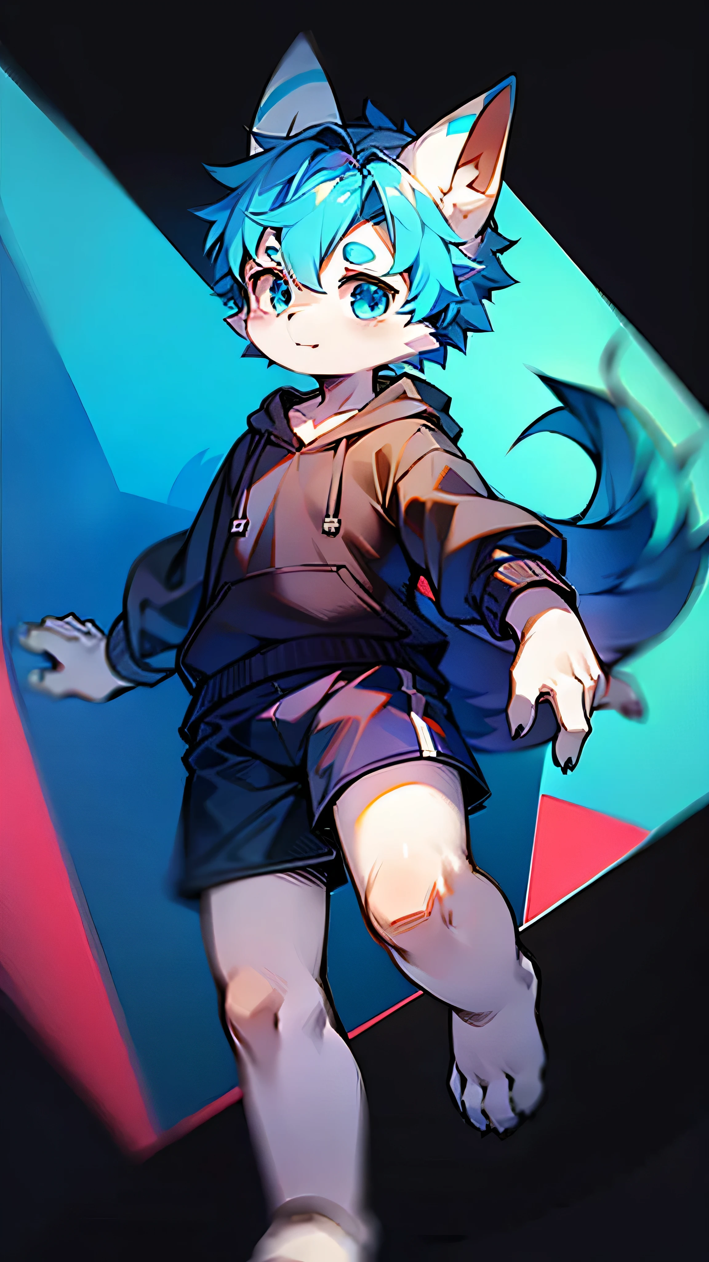 blue eyes，blue hair，white face，Lovely，Q version villain，wearing black clothes，personal performance，Dress casually，HD，wearing a Casual shorts