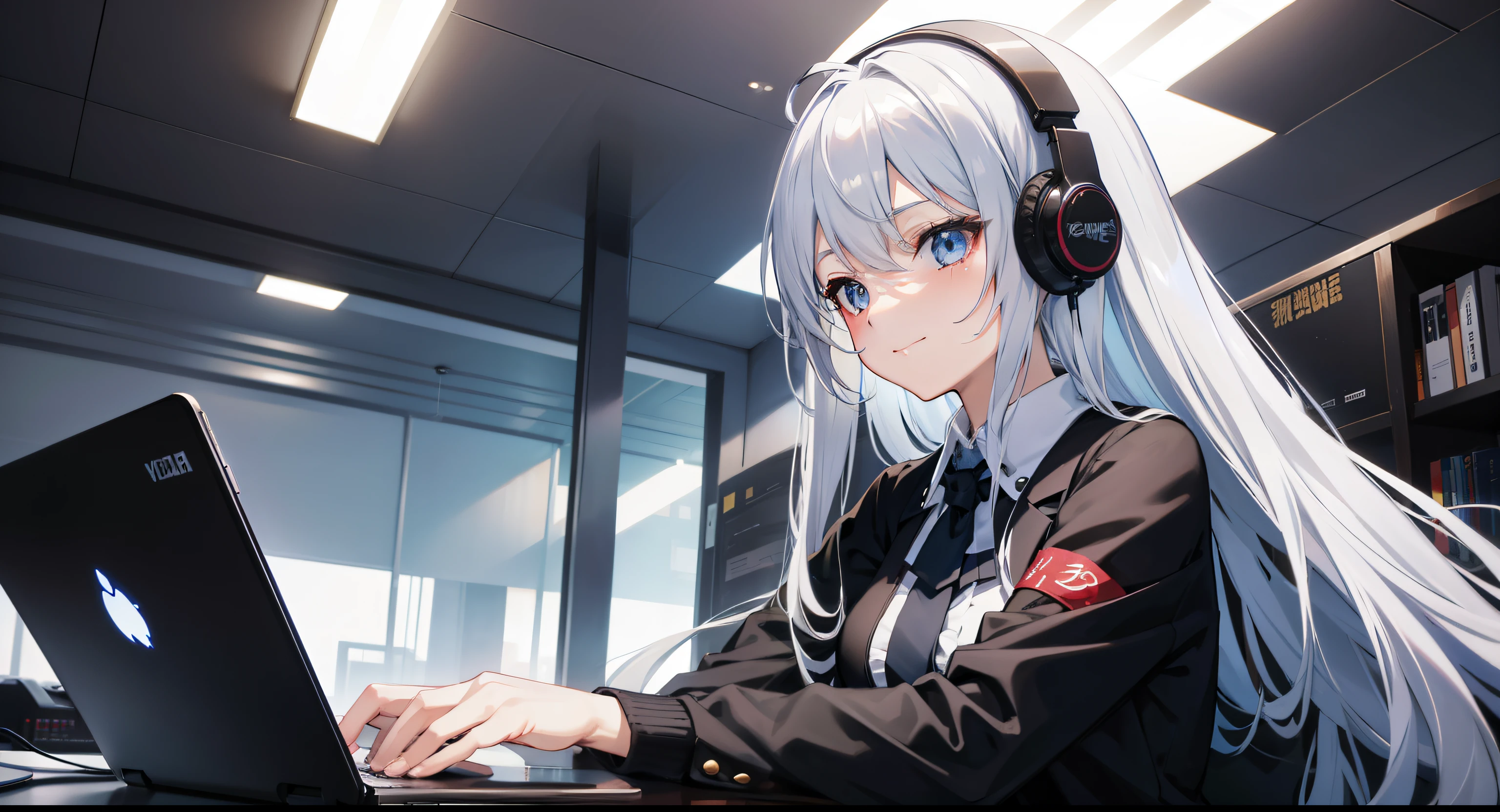 Anime girl wearing headphones sitting at laptop table, business suit:1.3、silver hair、semi long hair、compliment girls, a smile、Praise the artsstyle, Praise the arts, Compliment resonates, feeling of praise, adult lady、25 years old、praise hip hop, black tie, Relax, compliment girls的审美, praise portrait, love atmosphere, Compliment the colors, anime atmosphere, The aesthetics of evaluation