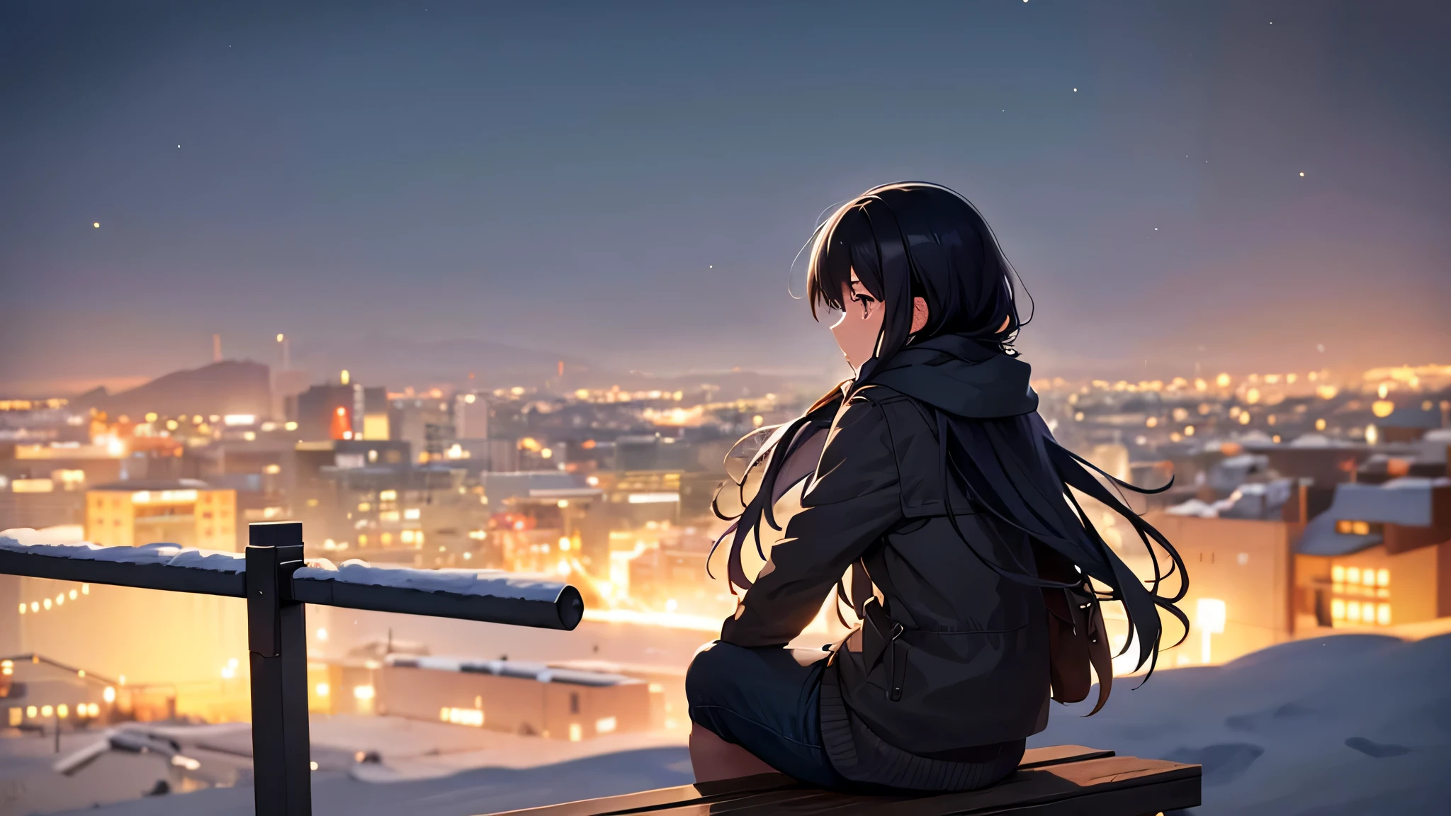 Create a widescreen image of an anime girl on a winter cityscape at night. The character has long black hair、wearing modern clothes。, Casual clothing with a warm scarf. She is sitting on a bench, Gazing at the city lights with a meditative expression. Snowflakes fall softly around her. under the starry sky、City lights twinkle in the distance. The atmosphere is calm and peaceful, Capturing the quiet beauty of a snowy city night.