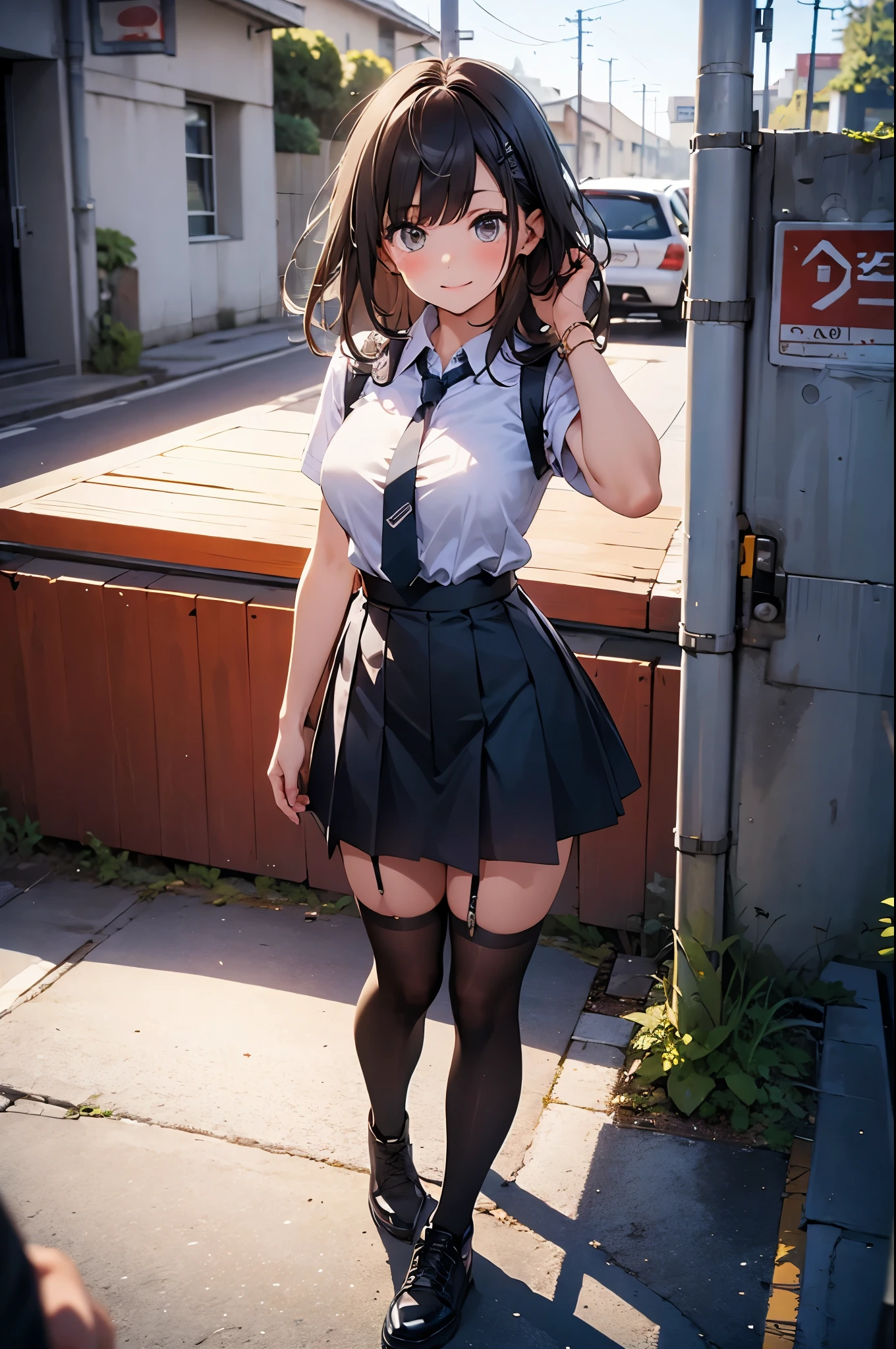 brown hair、looking at the viewer suspenders Bulging big breasts Black miniskirt garter belt knee high socks Gaze small face bangs Beauty hands up Gaze black boots provocation armpit sweat one person put your hands behind your back cutter shirt Panty shot ginka