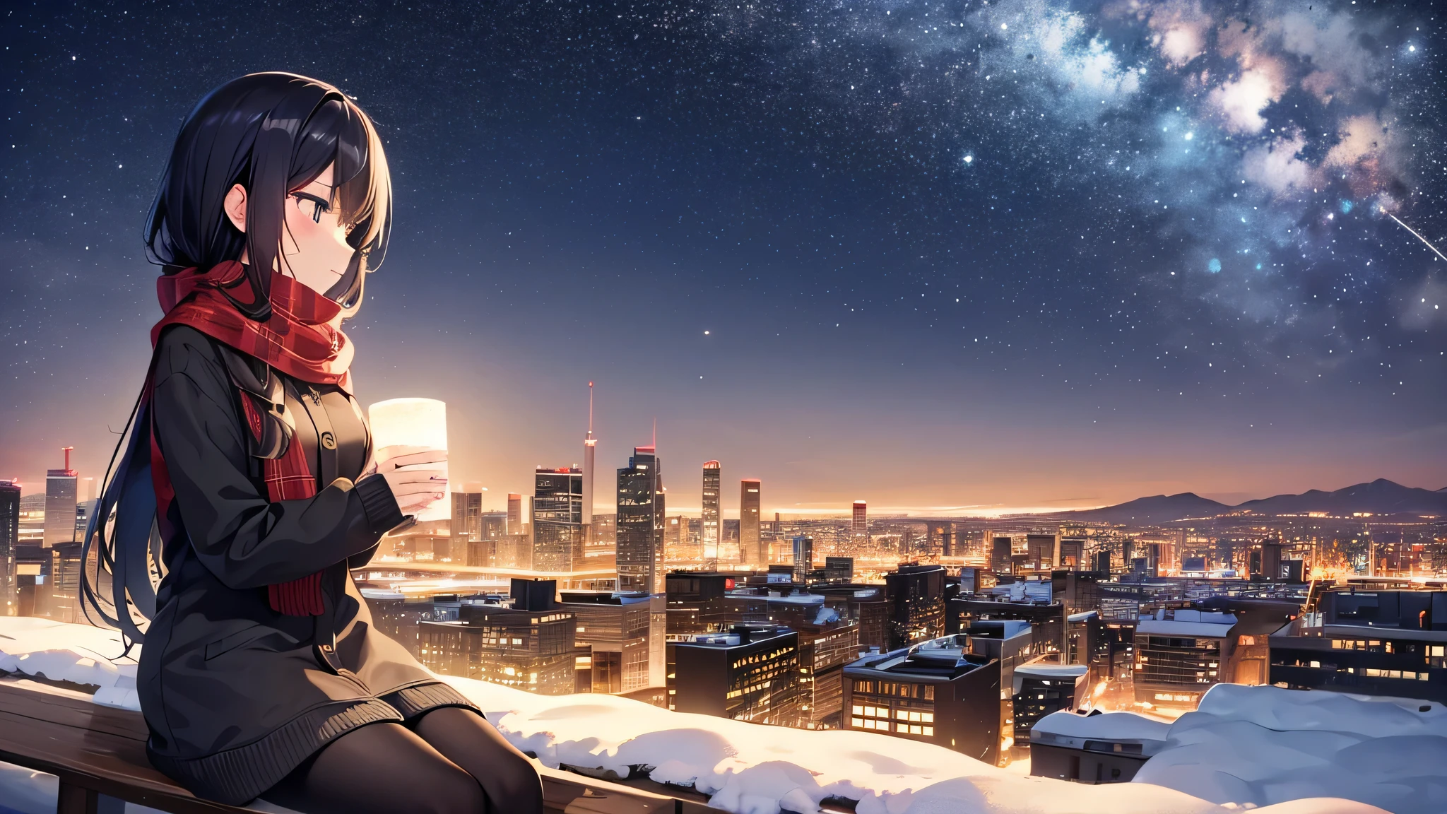 Create a widescreen image of an anime girl on a winter cityscape at night. The character has long black hair、wearing modern clothes。, Casual clothing with a warm scarf. She is sitting on a bench, Gazing at the city lights with a meditative expression. Snowflakes fall softly around her. under the starry sky、City lights twinkle in the distance. The atmosphere is calm and peaceful, Capturing the quiet beauty of a snowy city night.