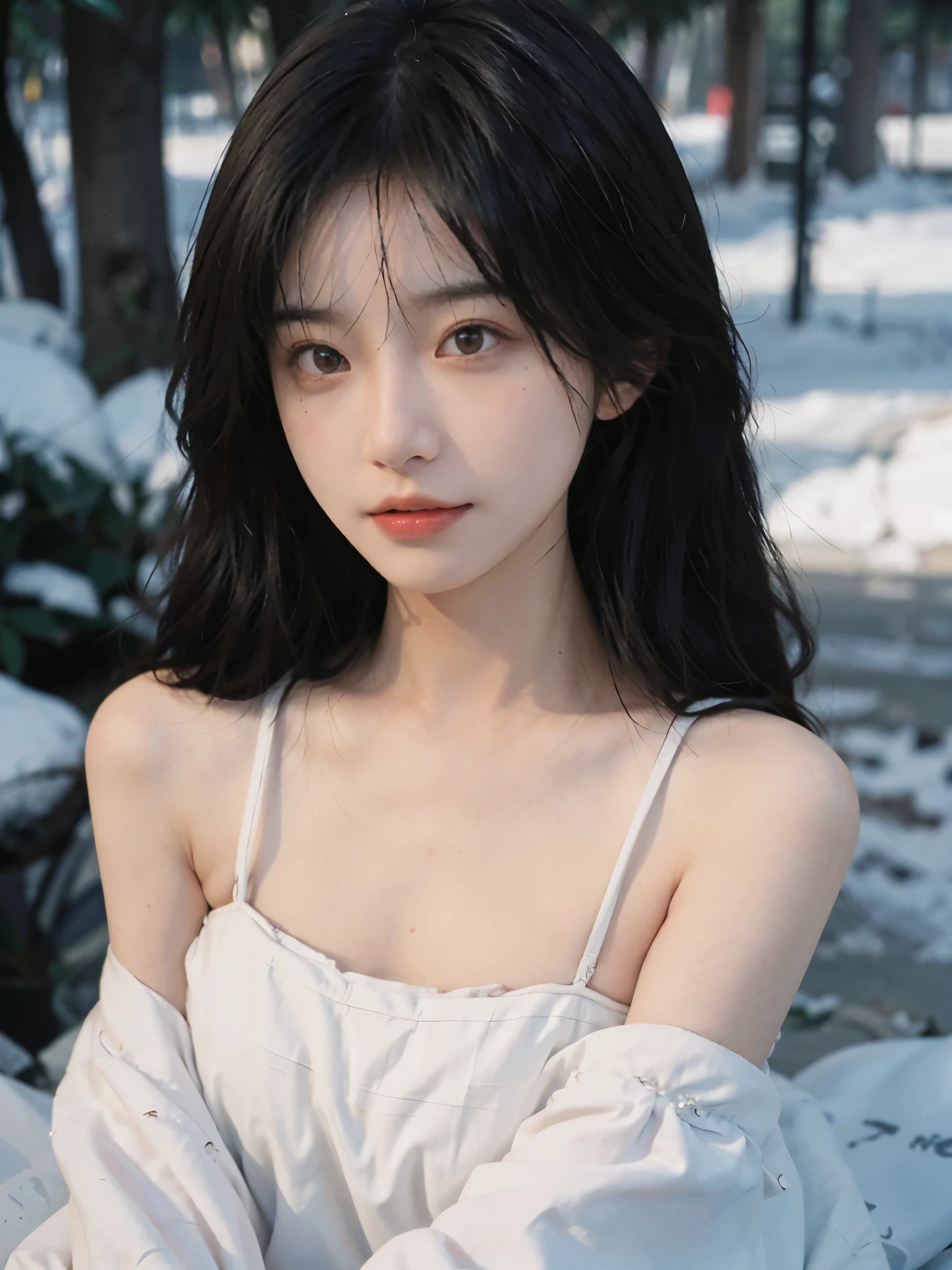 Film portrait photography, 2 girls, bare shoulders, Shoulder length wavy hair, White coat,Snow white sling, (Realistic and detailed eyes, natural skin texture, Realistic facial details),, depth of field, Bokeh, Vibrant details, Detailed and detailed, Surrealism, 35mm film, hazy, ,self-shot,