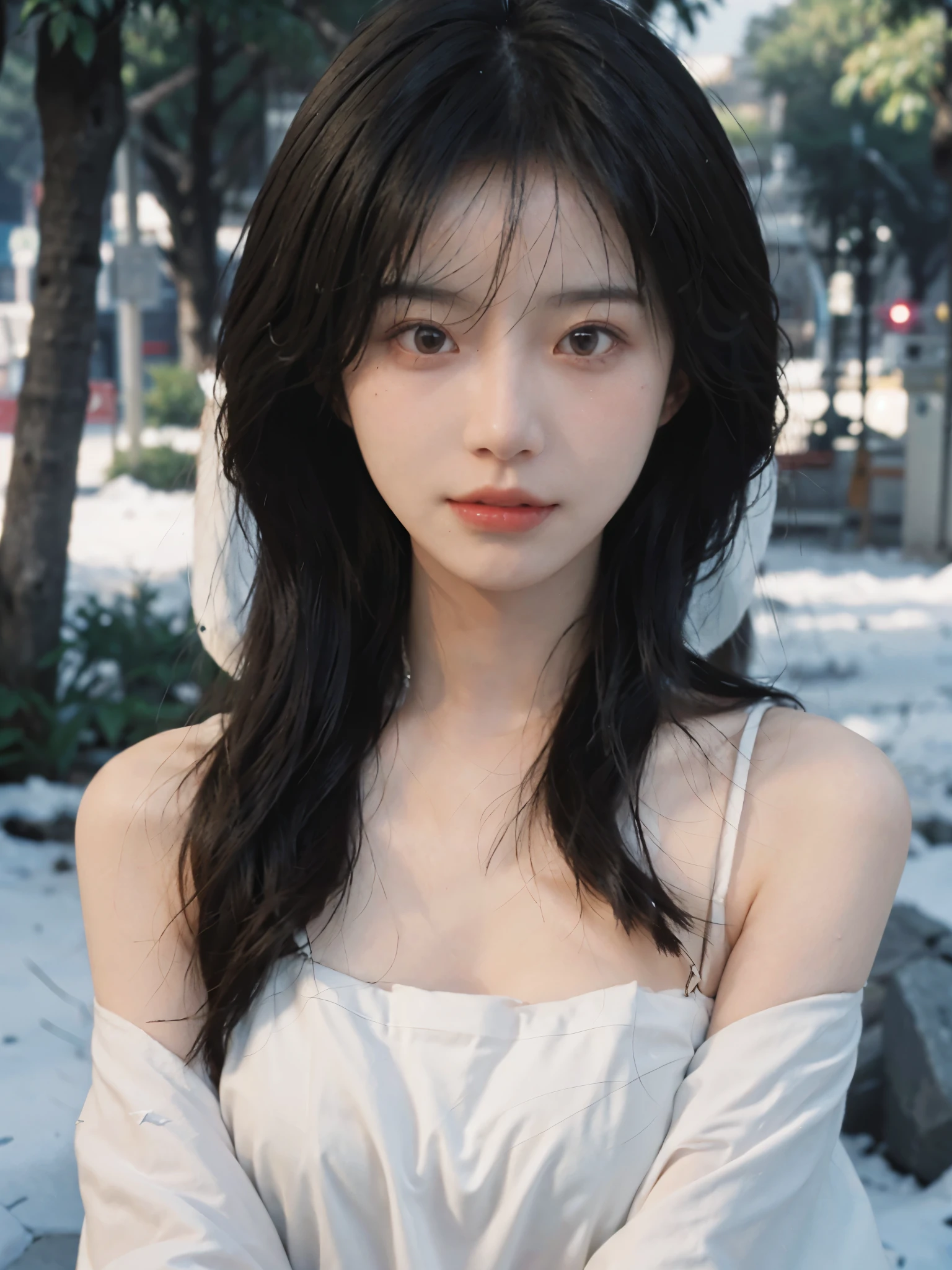 Film portrait photography, 2 girls, bare shoulders, Shoulder length wavy hair, White coat,Snow white sling, (Realistic and detailed eyes, natural skin texture, Realistic facial details),, depth of field, Bokeh, Vibrant details, Detailed and detailed, Surrealism, 35mm film, hazy, ,self-shot,