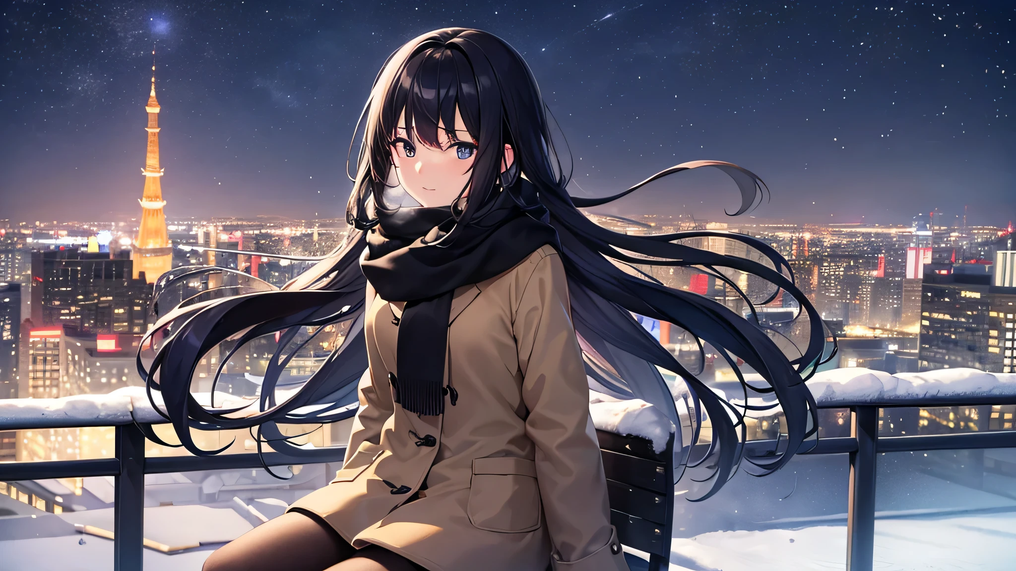 Create a widescreen image of an anime girl on a winter cityscape at night. The character has long black hair、wearing modern clothes。, Casual clothing with a warm scarf. She is sitting on a bench, Gazing at the city lights with a meditative expression. Snowflakes fall softly around her. under the starry sky、City lights twinkle in the distance. The atmosphere is calm and peaceful, Capturing the quiet beauty of a snowy city night.