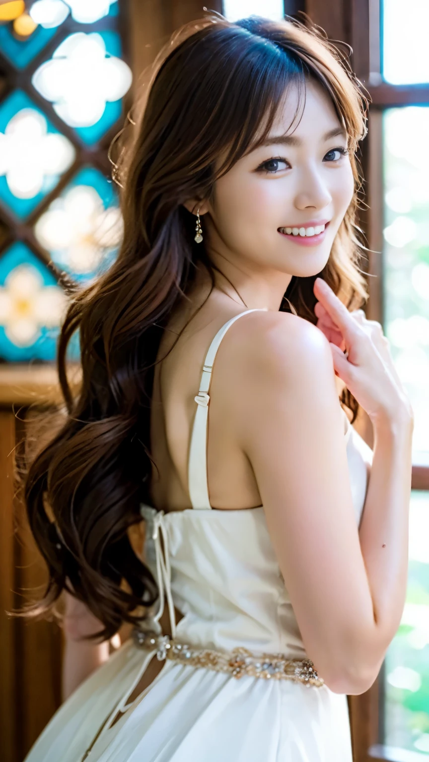 A beautiful woman standing in a chapel wearing a pure white wedding long flared dress,(((look back,hands on the wooden window frame))),Full-body photography from behind,best image quality,professional angle of view,Exceptional detail,Super high resolution,realistic:1.4),high detail,focus on details,1girl concentrated in high concentration,Beautiful long chestnut hair,Beautiful face with a delicate and high nose,Long limbs and slim waist like a model,White Pin Heels,The best smile with raised eyebrows and corners of the mouth,