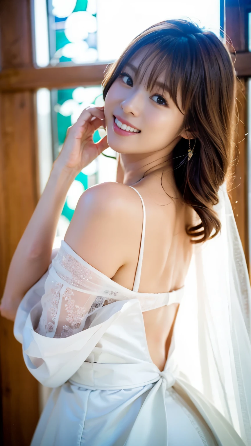 A beautiful bride standing in the chapel wearing a pure white cape and wedding long flared dress,(((look over your shoulder,hands on the wooden window frame))),Full-body shot from the front,best image quality,professional angle of view,Exceptional detail,Super high resolution,realistic:1.4),high detail,focus on details,1girl concentrated in high concentration,Beautiful long chestnut hair,Beautiful face with a delicate and high nose,Long limbs and slim waist like a model,White Pin Heels,The best smile with raised eyebrows and corners of the mouth,