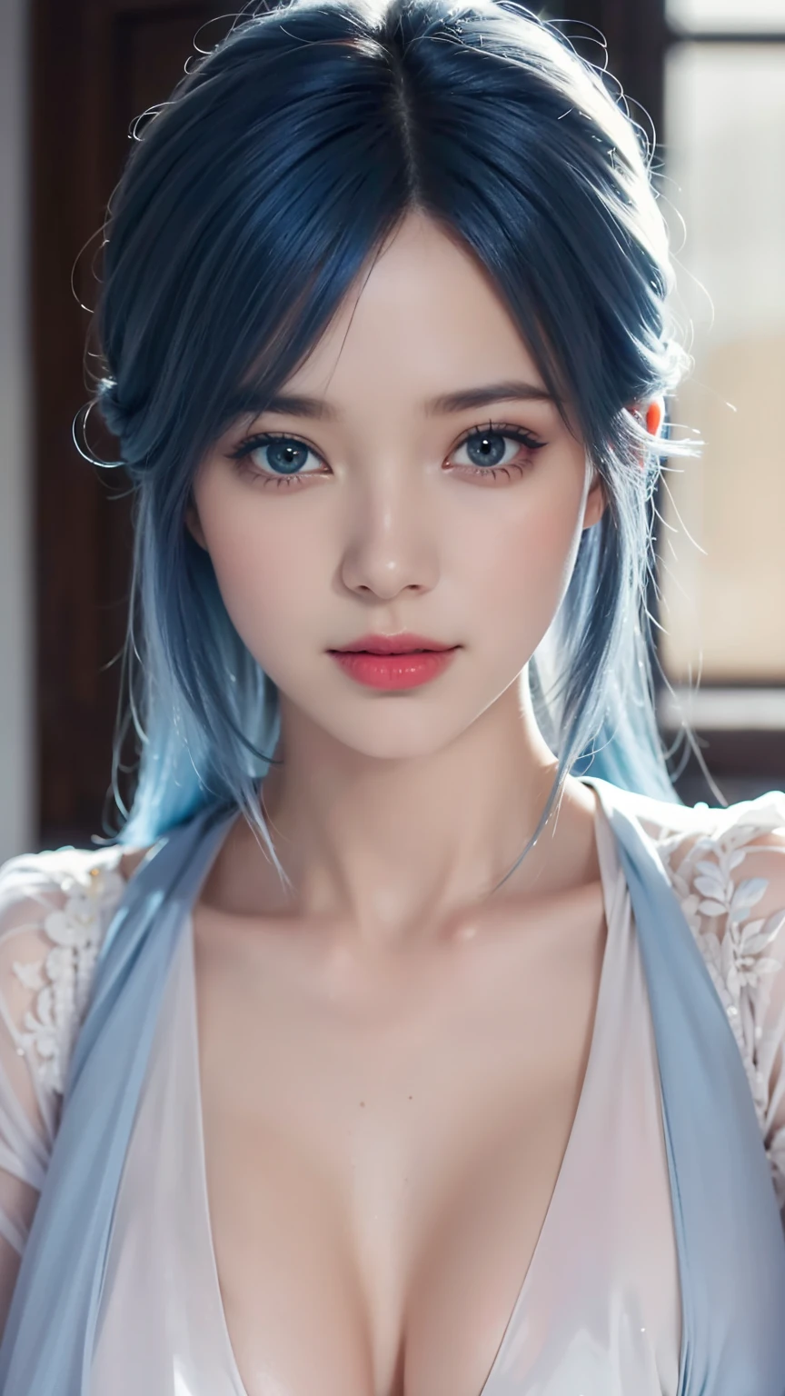 (hyper-realistic), (illustration), (high resolution), (8k), (Very detailed), (最佳illustration), (Beautiful and delicate eyes), (best quality), (Super detailed), (masterpiece), (wallpaper), (lifelike), (Natural light), (edge lit), (Detailed face), (高度细致lifelike皮肤纹理), (anatomically correct), (alone), (1 girl), (高细节lifelike头发), (blue hair:1.2), spiky hair, (heterochromatic eyes), (Detailed green eyes), (There is a small mole under the eye), (realistic:1.5), (Naked of breast:1.3), (long legs), (slim abs), (dynamic poses), (Keep your mouth shut:1.3), (Traditional Hanfu), (transparent clothes:1.5), national foundation,Show breasts，Show breasts，exposing her chest，huge ，huge breasts，exposing her chest，huge breasts，