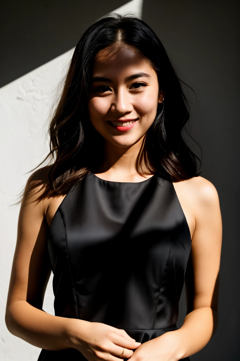 RAW photo, face portrait photo of beautiful 26 y.o woman, cute face, wearing black dress, happy face, hard shadows, cinematic shot, dramatic lighting