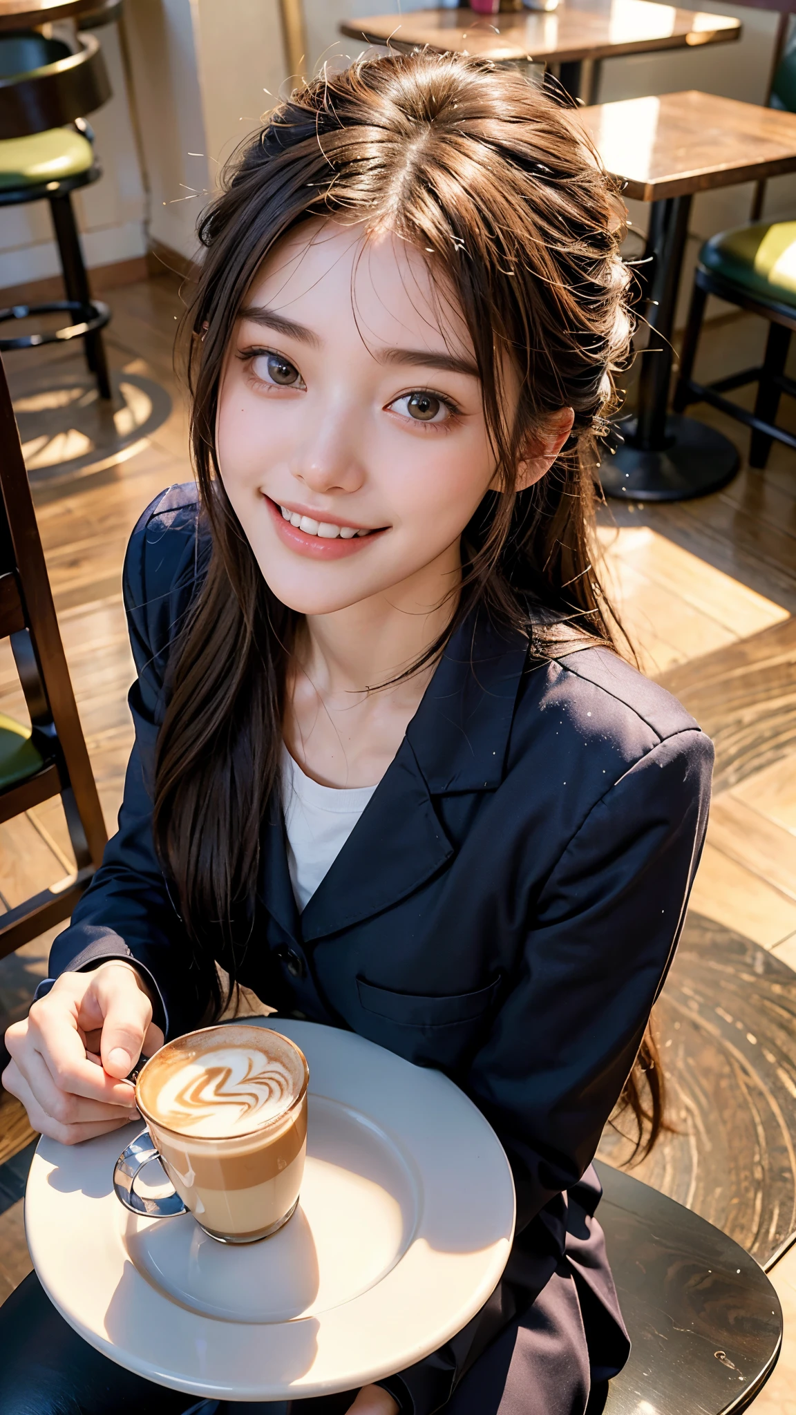highest quality, masterpiece, ultra high resolution, (realistic:1.4), (portrait facing each other) RAW photo, 1 girl, 22 years old,slender body,Medium chest,((winter school uniform)),((long hair chignon)),((Drink latte and chat at a cafe)),((looking up at the viewer)),(blush),saturation, contrast,((toothy smile)),