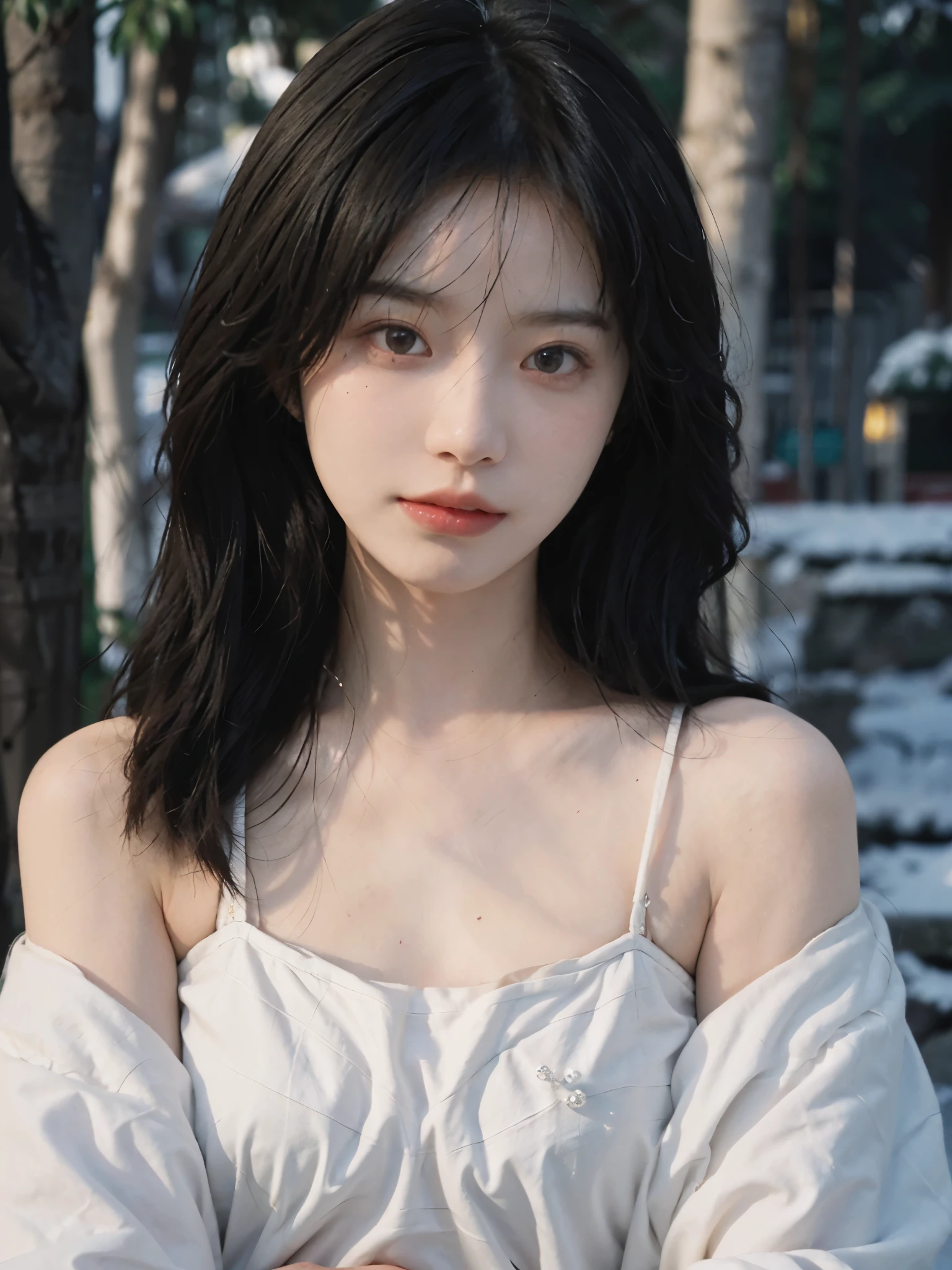 Film portrait photography, 2 girls, bare shoulders, Shoulder length wavy hair, White coat,Snow white sling, (Realistic and detailed eyes, natural skin texture, Realistic facial details),, depth of field, Bokeh, Vibrant details, Detailed and detailed, Surrealism, 35mm film, hazy, ,self-shot,