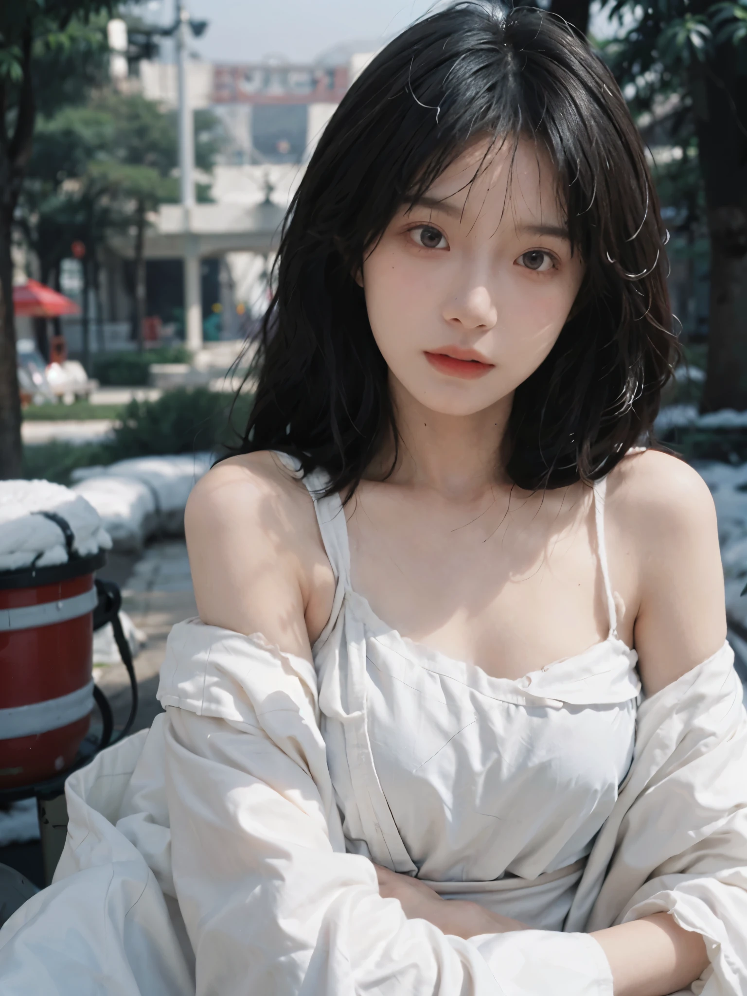 Film portrait photography, 2 girls, bare shoulders, Shoulder length wavy hair, White coat，Snow white sling， (Realistic and detailed eyes, natural skin texture, Realistic facial details),, depth of field, Bokeh, Vibrant details, Detailed and detailed, Surrealism, 35mm film, hazy, ,self-shot，