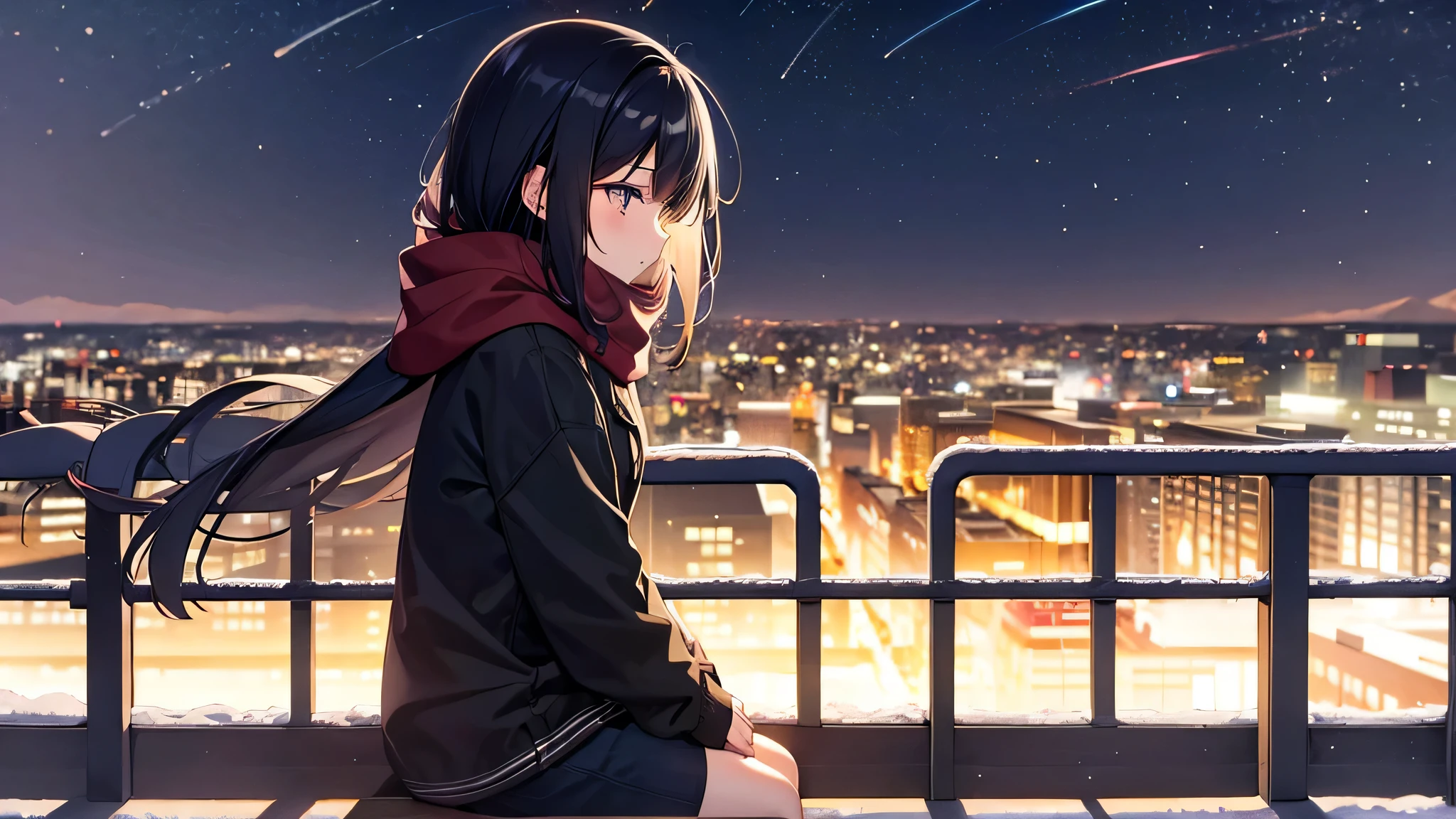 Create a widescreen image of an anime girl on a winter cityscape at night. The character has long black hair、wearing modern clothes。, Casual clothing with a warm scarf. She is sitting on a bench, Gazing at the city lights with a meditative expression. Snowflakes fall softly around her. under the starry sky、City lights twinkle in the distance. The atmosphere is calm and peaceful, Capturing the quiet beauty of a snowy city night.