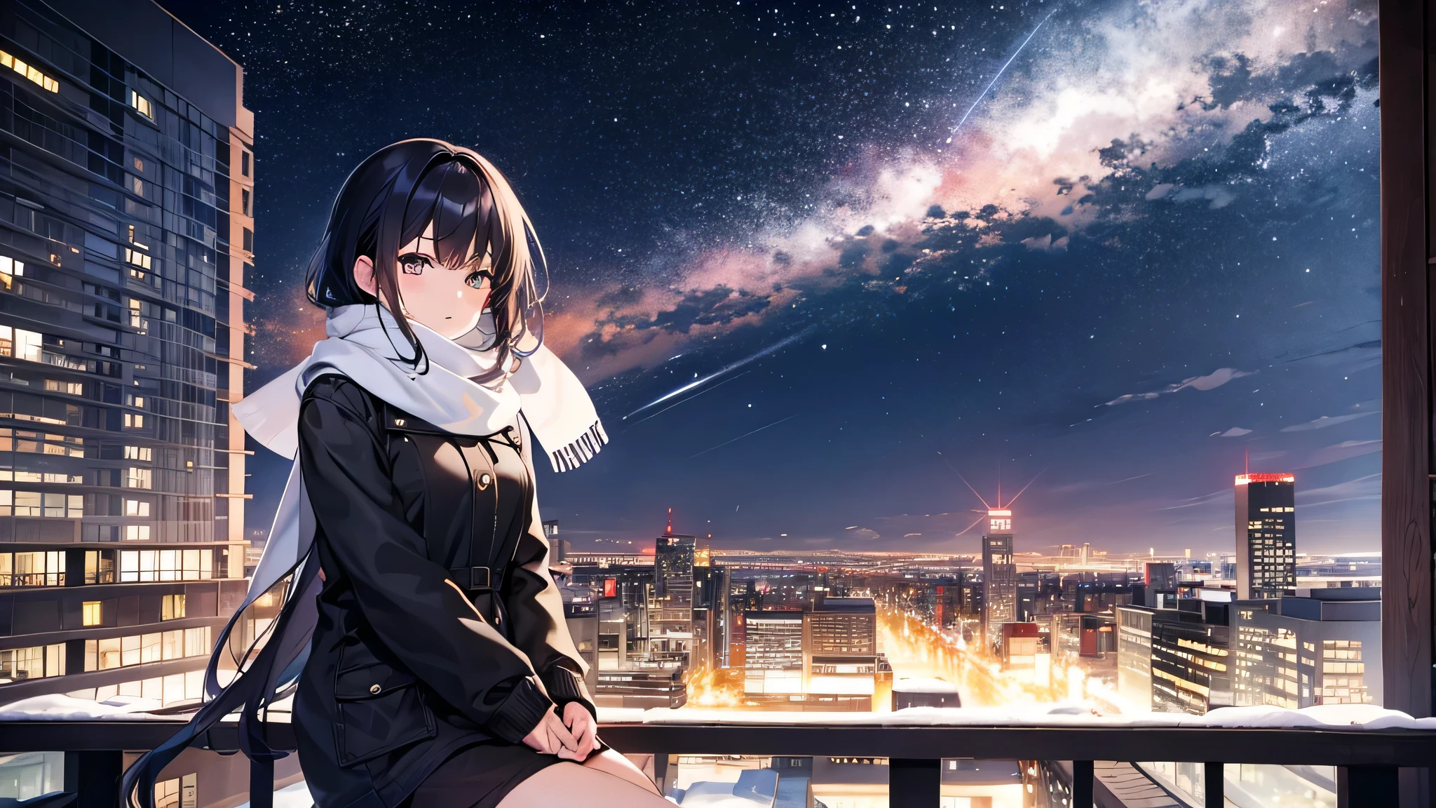 Create a widescreen image of an anime girl on a winter cityscape at night. The character has long black hair、wearing modern clothes。, Casual clothing with a warm scarf. She is sitting on a bench, Gazing at the city lights with a meditative expression. Snowflakes fall softly around her. under the starry sky、City lights twinkle in the distance. The atmosphere is calm and peaceful, Capturing the quiet beauty of a snowy city night.