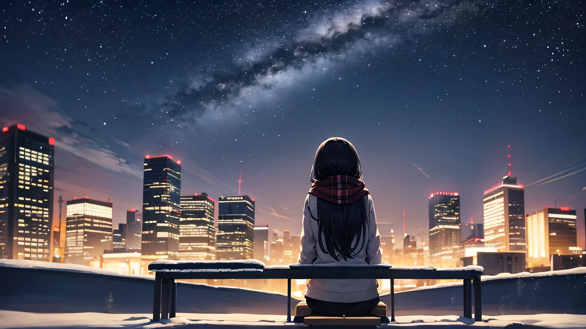 Create a widescreen image of an anime girl on a winter cityscape at night. The character has long black hair、wearing modern clothes。, Casual clothing with a warm scarf. She is sitting on a bench, Gazing at the city lights with a meditative expression. Snowflakes fall softly around her. under the starry sky、City lights twinkle in the distance. The atmosphere is calm and peaceful, Capturing the quiet beauty of a snowy city night.