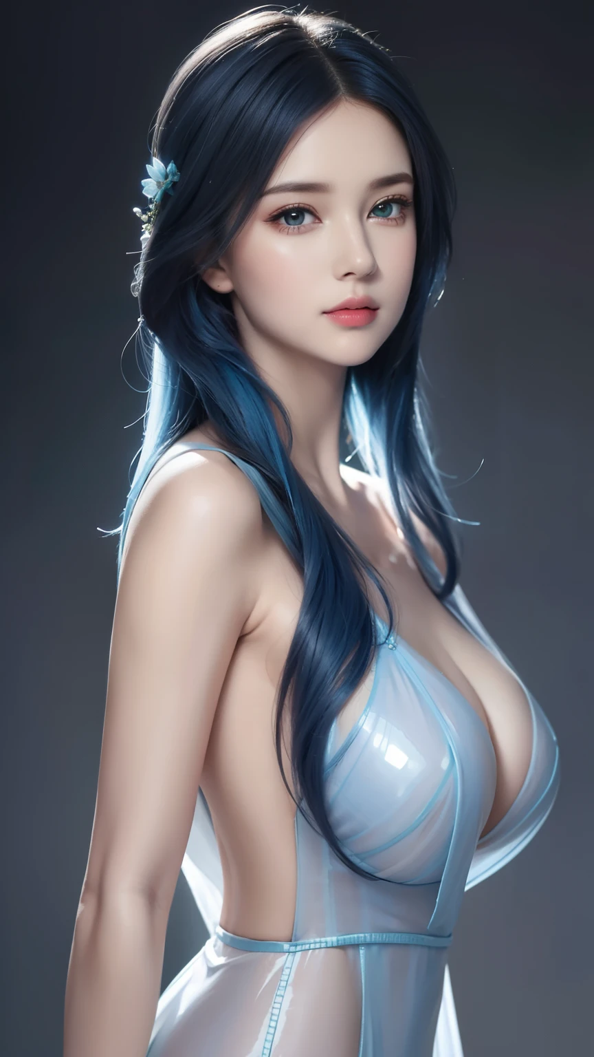 (hyper-realistic), (illustration), (high resolution), (8k), (Very detailed), (最佳illustration), (Beautiful and delicate eyes), (best quality), (Super detailed), (masterpiece), (wallpaper), (lifelike), (Natural light), (edge lit), (Detailed face), (高度细致lifelike皮肤纹理), (anatomically correct), (alone), (1 girl), (高细节lifelike头发), (blue hair:1.2), spiky hair, (heterochromatic eyes), (Detailed green eyes), (There is a small mole under the eye), (realistic:1.5), (Naked of breast:1.3), (long legs), (slim abs), (dynamic poses), (Keep your mouth shut:1.3), (Traditional Hanfu), (transparent clothes:1.5), national foundation,Show breasts，Show breasts，exposing her chest，huge ，huge breasts，exposing her chest，huge breasts，