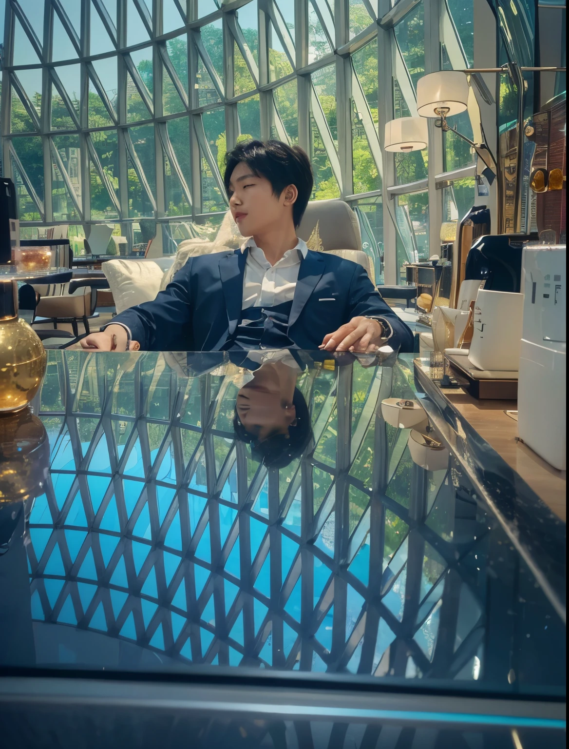A cute Korean boy in luxury hotel ultra HD realistic high resolution 8k wallpaper with hyper realistic quality