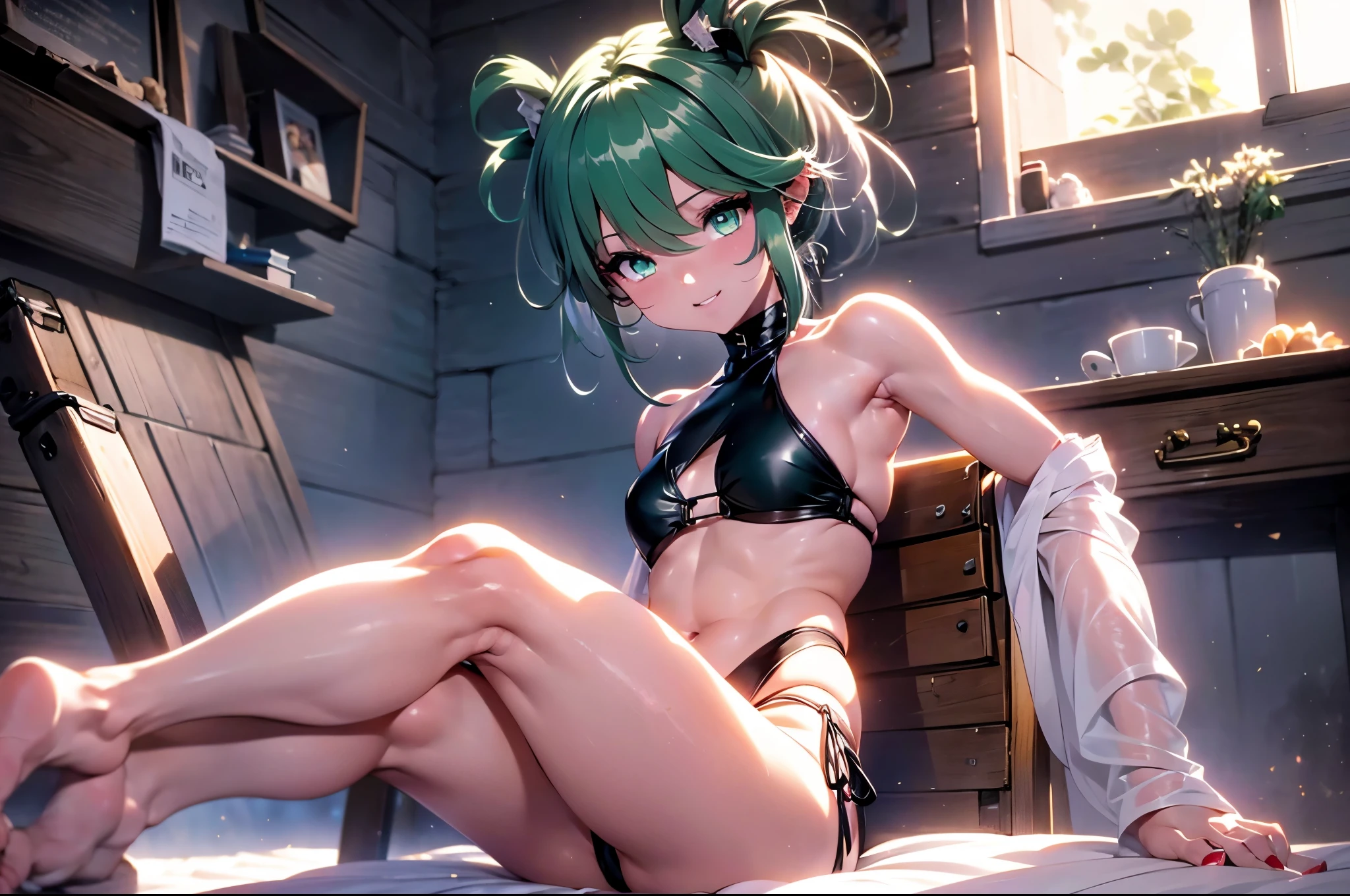 (1 girl), Attack style, holding fan, In place of the dragon statue, Small smile expression, jumping, beautiful eyes, perfect face, full body photo, (sitting on chair with legs crossed), artwork , green eyes, (((wearing a very sexy bikini))), (shapely legs), eye reflection, glowing eyes, anime style, Cinematic lighting, ray tracing, canon, Ultra HD, artwork, 8k