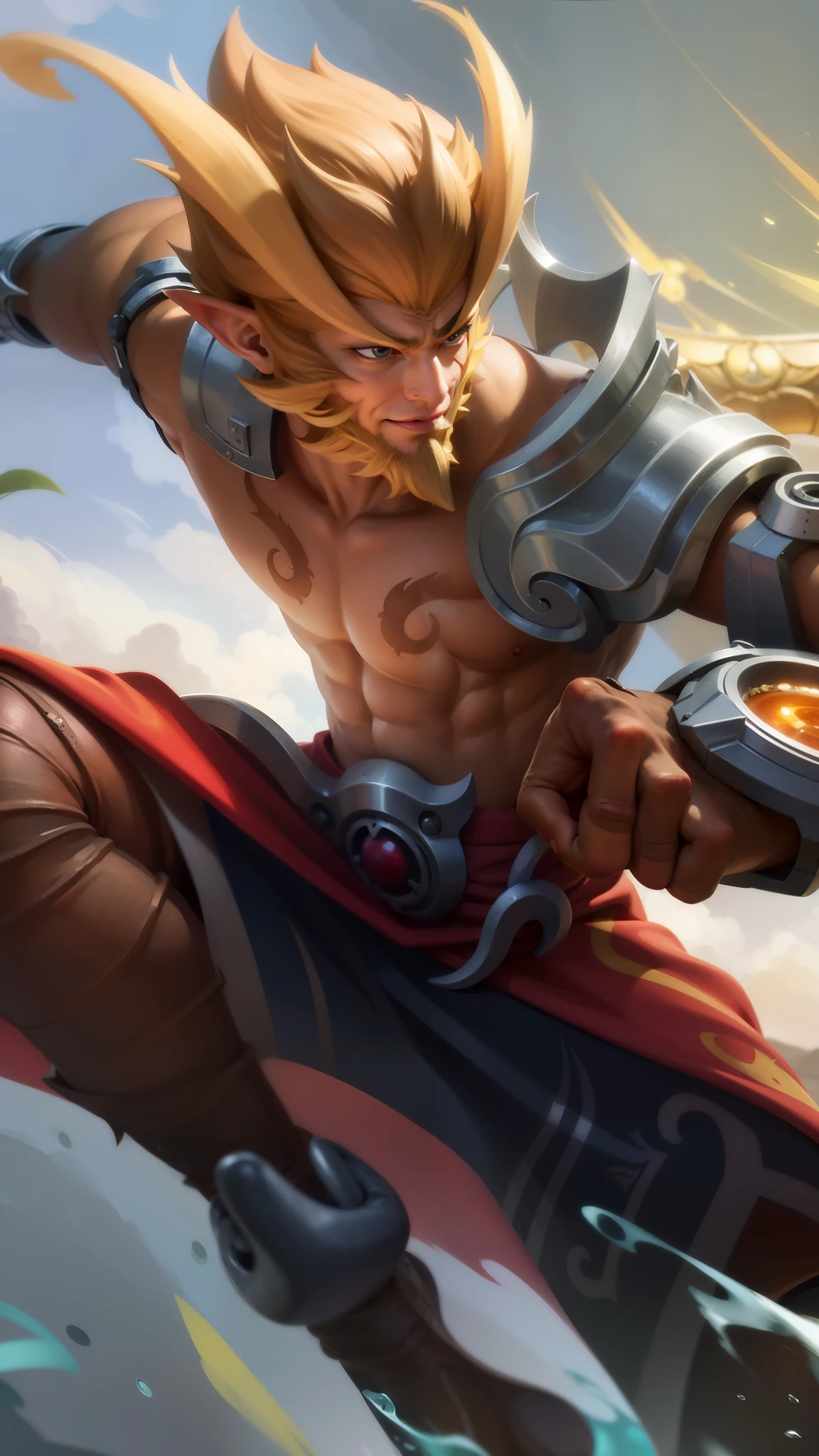 Masterpiece, ultra HD, detailed all picture, a close up of a devil, sun from mobile legend, evil, extremely detailed artgerm, mobile legends character, inspired by sun, Six pack chest and abs, yellow jewel above the chest, brown hair, elf ear.