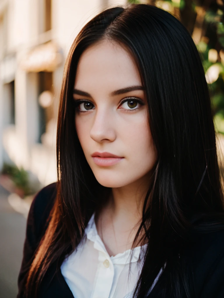 a portrait photograph of a beautiful ((20 year old)) woman, pale skin, , long straight black hair, pink cheeks, brunette, award winning photo, best quality, portrait by annie leibovitz, canon 5d mark ii, film, professional photograph, (rich colors:1.1), hyper realistic, lifelike texture, (natural lighting:1.1), (Canon EF 85mm f/1.4L IS USM)