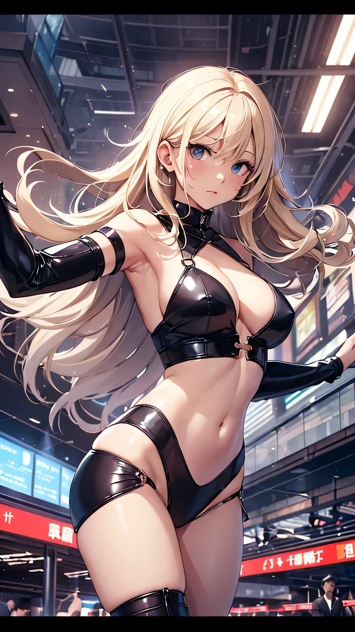 最high quality、best image quality、masterpiece、age girl((20-year-old、 By becoming、vest bust、medium bust,wide open breast tea、black eye, blonde hair、long hair、thin,highest valley、glowing battle uniform、elationのある動き、fighting pose、Feeling of sprinting)),high quality、beautiful art、background((In the airport))、debris flies、Depth of written boundary、movie、visual art、perfect art、8K,genuine、elation、Dynamic expression、elation