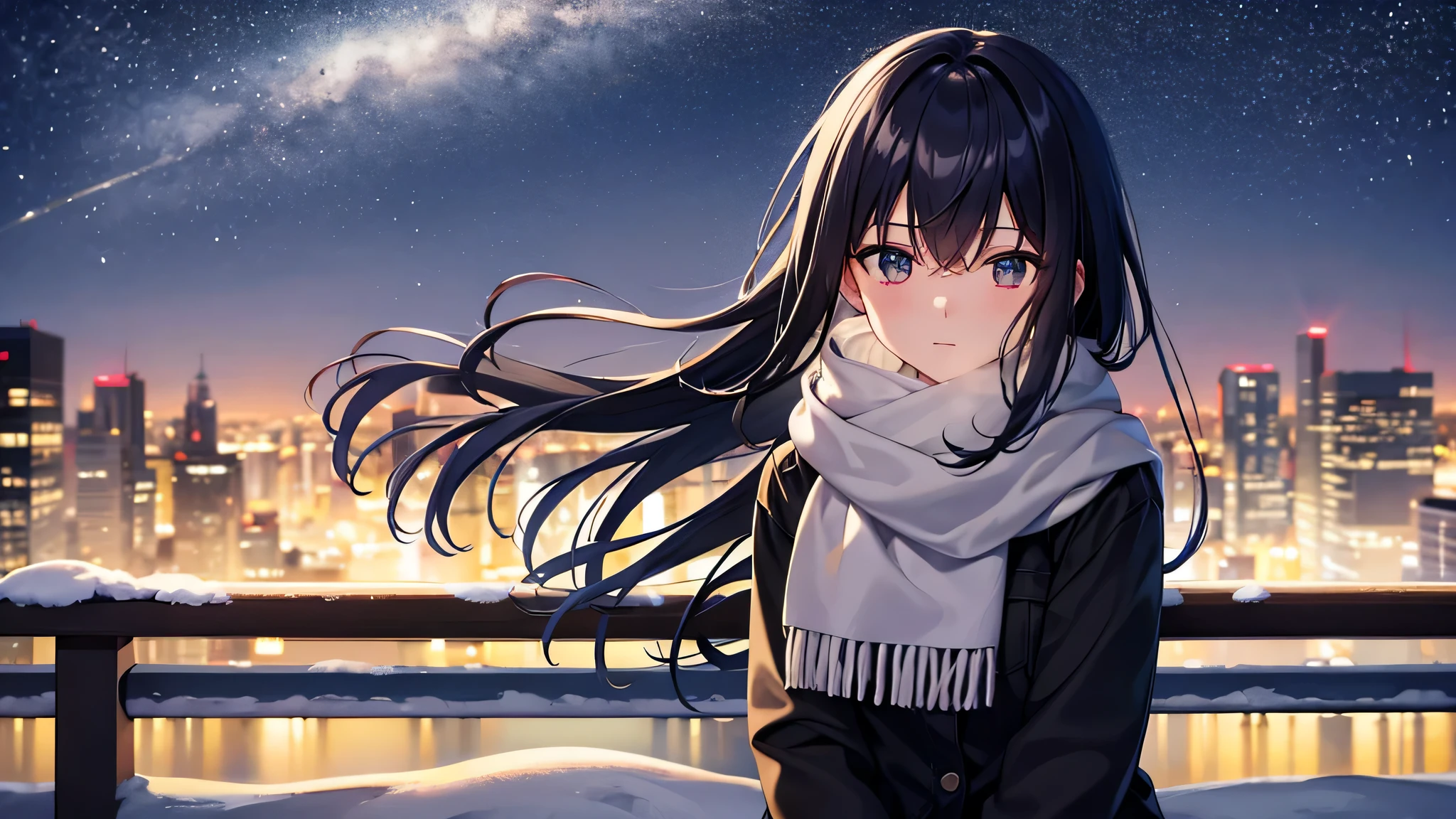 Create a widescreen image of an anime girl on a winter cityscape at night. The character has long black hair、wearing modern clothes。, Casual clothing with a warm scarf. She is sitting on a bench, Gazing at the city lights with a meditative expression. Snowflakes fall softly around her. under the starry sky、City lights twinkle in the distance. The atmosphere is calm and peaceful, Capturing the quiet beauty of a snowy city night.