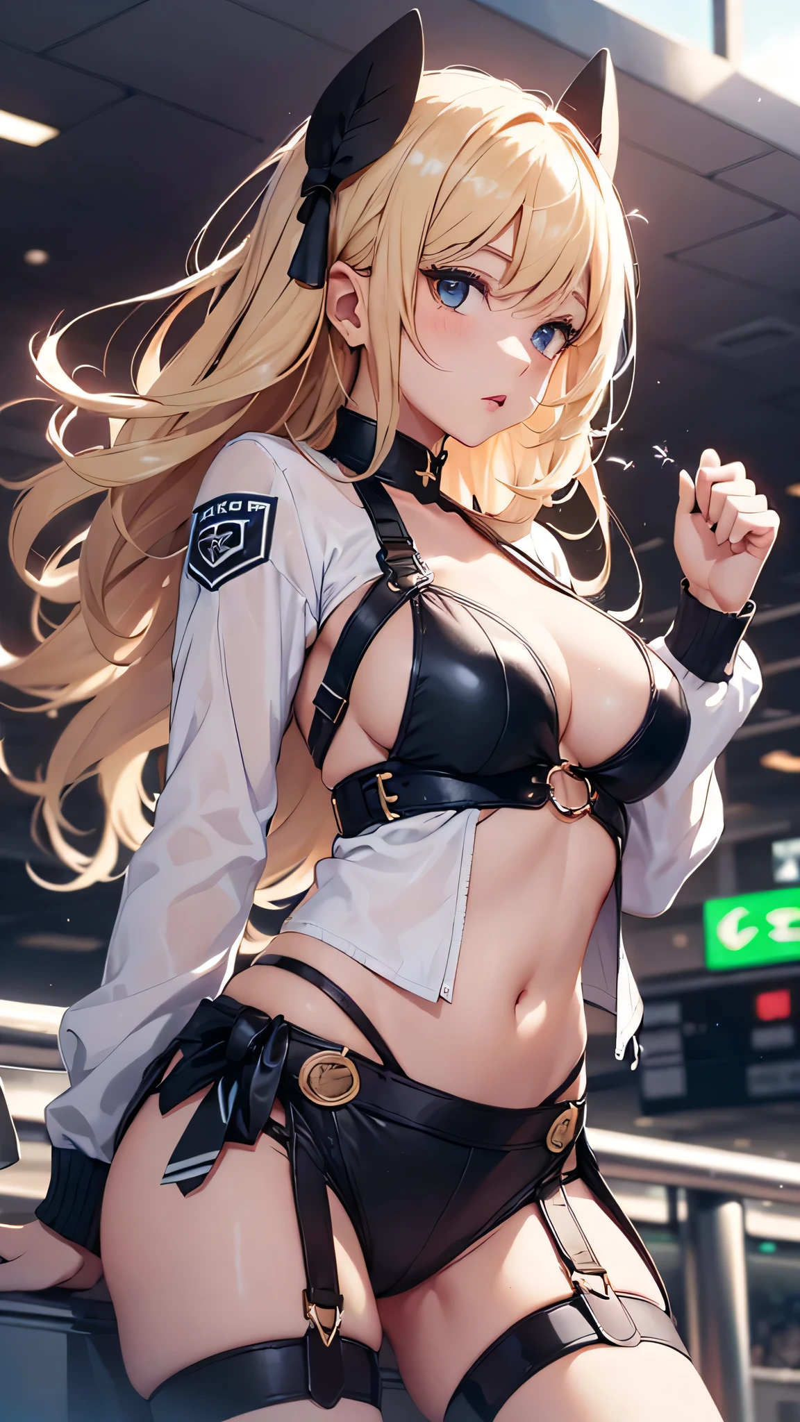 最high quality、best image quality、masterpiece、age girl((20-year-old、 By becoming、vest bust、medium bust,wide open breast tea、black eye, blonde hair、long hair、thin,highest valley、glowing battle uniform、elationのある動き、fighting pose、Feeling of sprinting)),high quality、beautiful art、background((In the airport))、debris flies、Depth of written boundary、movie、visual art、perfect art、8K,genuine、elation、Dynamic expression、elation