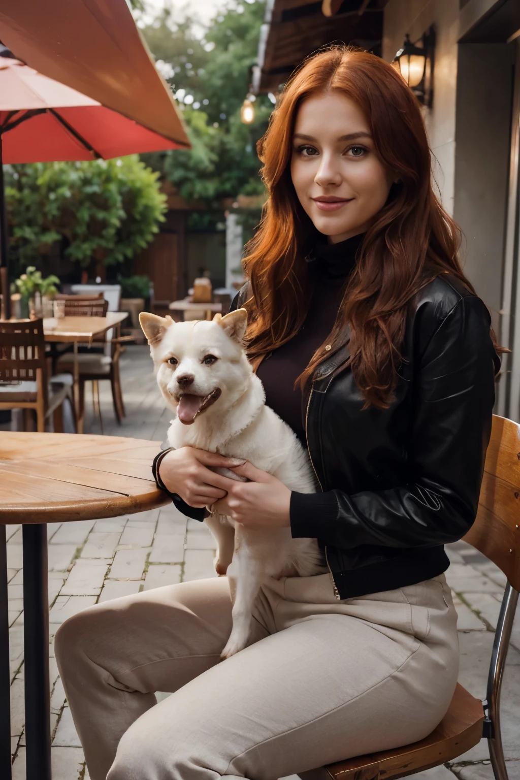 illuminated front, facing the camera, photo taken from afar, red-haired woman from the front looking at the camera, full body, holding a dog, purebred dog, furry, white fur, fluffy, white German spitz breed, white Deutscher Spitz, strong pose, empowered redhead woman, redhead businesswoman, white redhead woman, orange hair, wavy red hair, with clothes, thick legs, big ass, big breasts, hair thrown to the left side, combed hair, beautiful hair and bun, sensual dress , artwork, best quality, (photorealistic: 1.4), model pose, bold poses, chic makeup, ((jacket, dark red turtleneck shirt, pants, elegant)), drinking coffee, clothes, thin high shoes, golden accessories, jewelry, realistic, outdoors, cinematic lighting, beautiful woman, smile, smiling, expression of contentment, smile of happiness, provocative look, feeling of invitation, gratitude, lips with lipstick, smiling smile, slim, age 25 , 8k, 8k extremely detailed), (an extremely detailed, delicate and beautiful image), (masterpiece), (best quality: 1.0), (ultra high resolution: 1.0), inside a stylish and beautiful cafe, table cafeteria, two seats, and woman sitting in one chair and the other empty, two coffees served