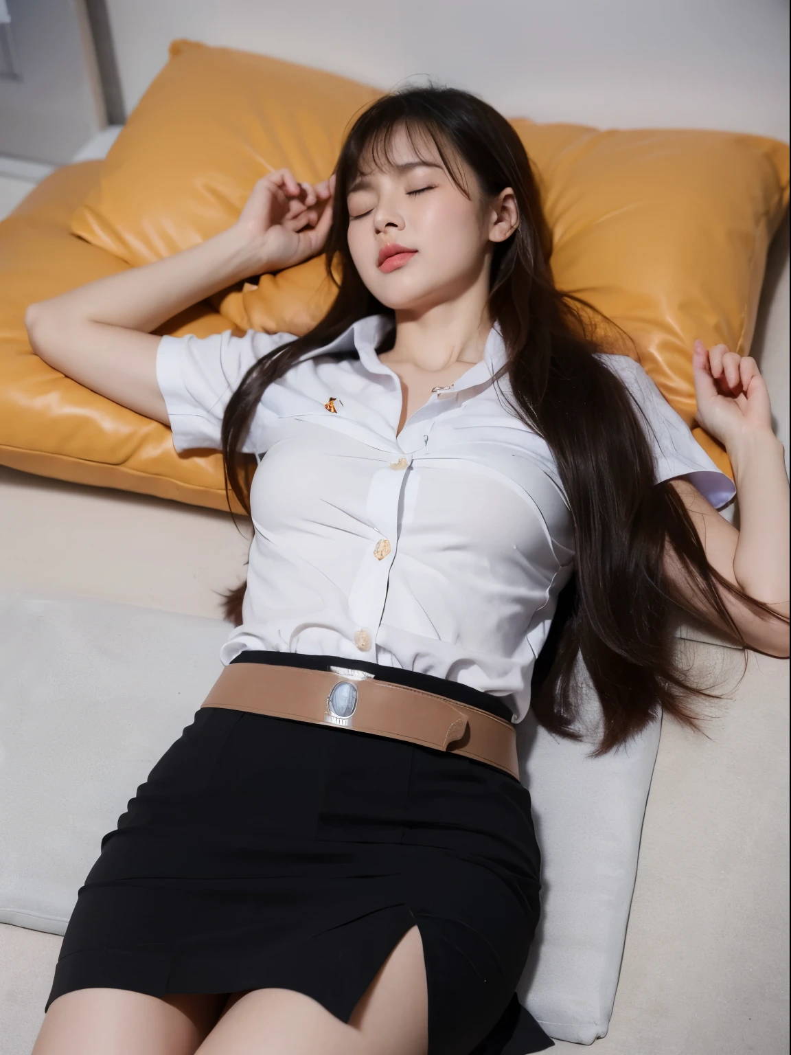 (perfect ???????, anatomically correct, super detailed skin))), 1 woman, ((Thai university uniform:1.6)), from front, shiny skin, detailed hair, detailed face, detailed eyes, long hair, ((natural bangs)), beautiful body, normal breasts, beautiful thighs, beautiful legs, camel toe, ((detailed cloth texture, button down white shirt, belt, black tight skirt, short skirt:1.3, tattered skirt:1.4, pantyhose, high heel shoes)), white panties, ((eyes closed:1.6)), (sleeping), (lying down flat on back:1.7), crucified, on the floor, storeroom, ((unconsciousness:1.7)), (8k, top quality, masterpiece:1.2, extremely detailed), (realistic, photorealistic:1.4), beautiful illustration, dim room lighting,
