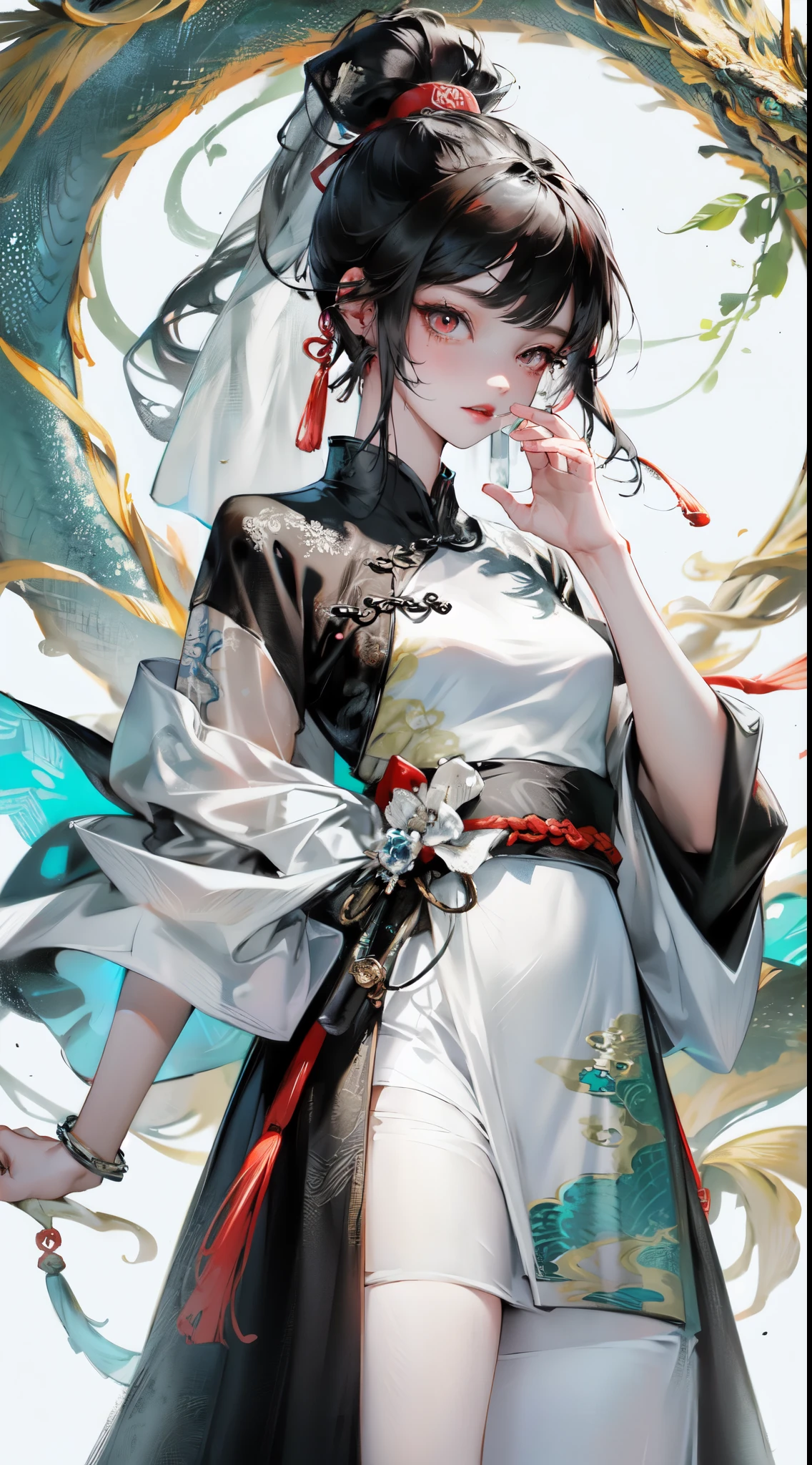 (ultra-detailed:1.2, masterpiece:1.2, best quality:1.2, highres:1.2), Aunt, long white hair, sloppy hair, red eyes, pale skin, big bust, white open dress, translucent dress, veil, masterpiece, high quality, Masterpiece, Excellent, Daytime, Alluringly Gorgoeus, Chinese Style, Ancient China, Chinese Small Garden, Fish, Split Hair, Long Bangs, High Ponytail, Dark Clothes, Gray Clothes, Black Antique Robe, Chinese Divine Dragon Pattern, Immortal, Sword, Overlook