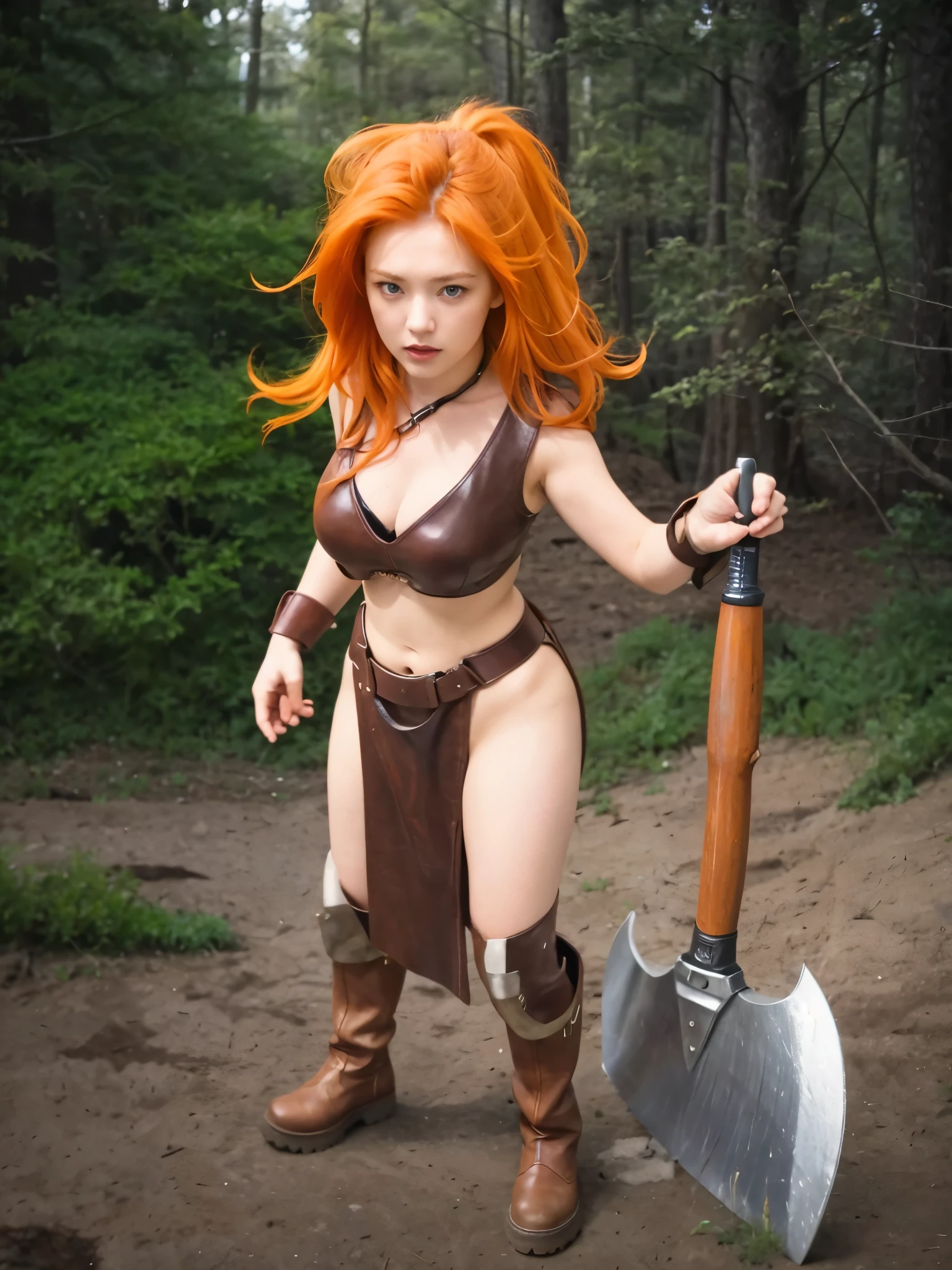 a woman with and axe ,orange hair , blue eyes , brown leather boots , brown outfit with iron edge , forest
