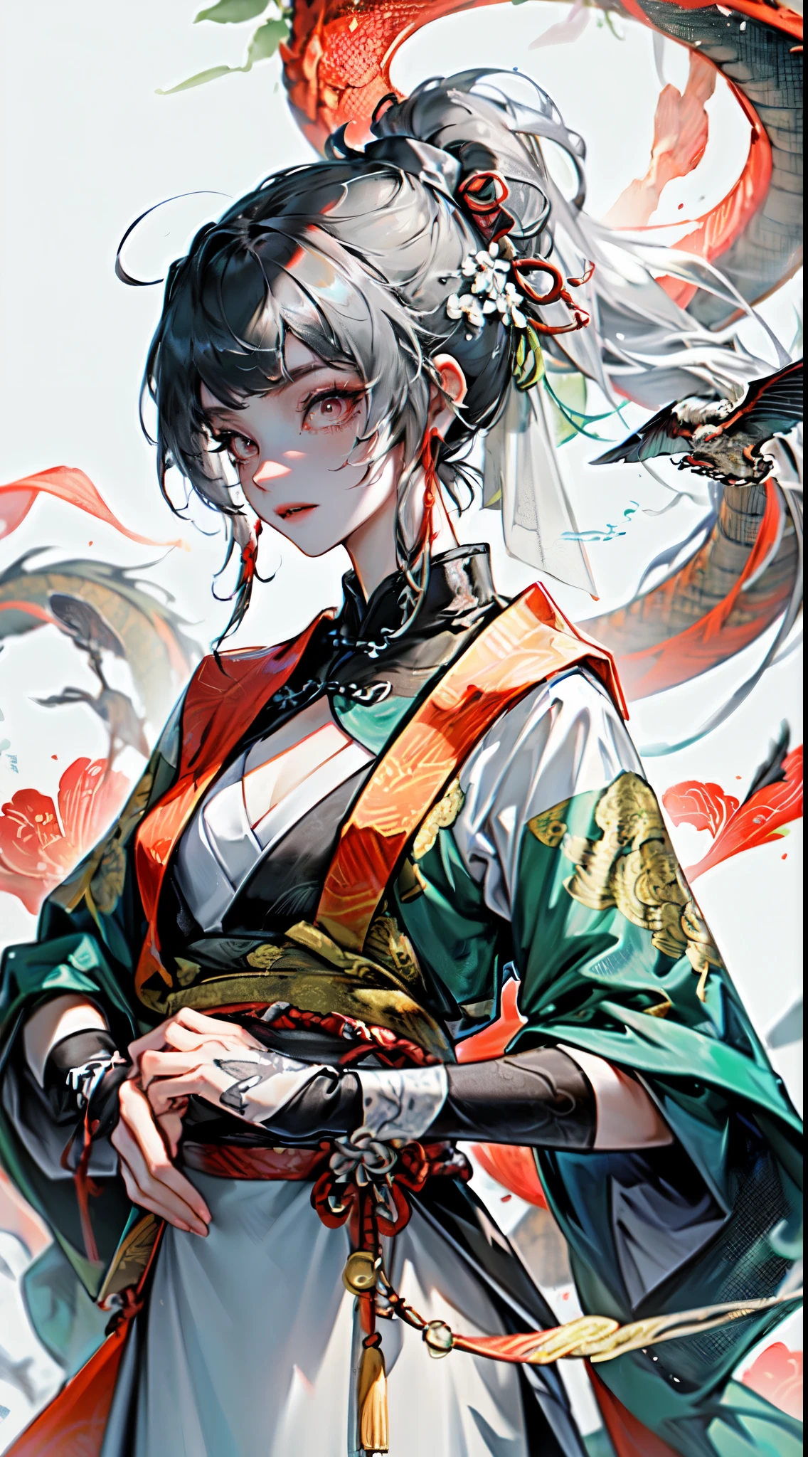 (ultra-detailed:1.2, masterpiece:1.2, best quality:1.2, highres:1.2), Aunt, long white hair, sloppy hair, red eyes, pale skin, big bust, white open dress, translucent dress, veil, masterpiece, high quality, Masterpiece, Excellent, Daytime, Alluringly Gorgoeus, Chinese Style, Ancient China, Chinese Small Garden, Fish, Split Hair, Long Bangs, High Ponytail, Dark Clothes, Gray Clothes, Black Antique Robe, Chinese Divine Dragon Pattern, Immortal, Sword, Overlook