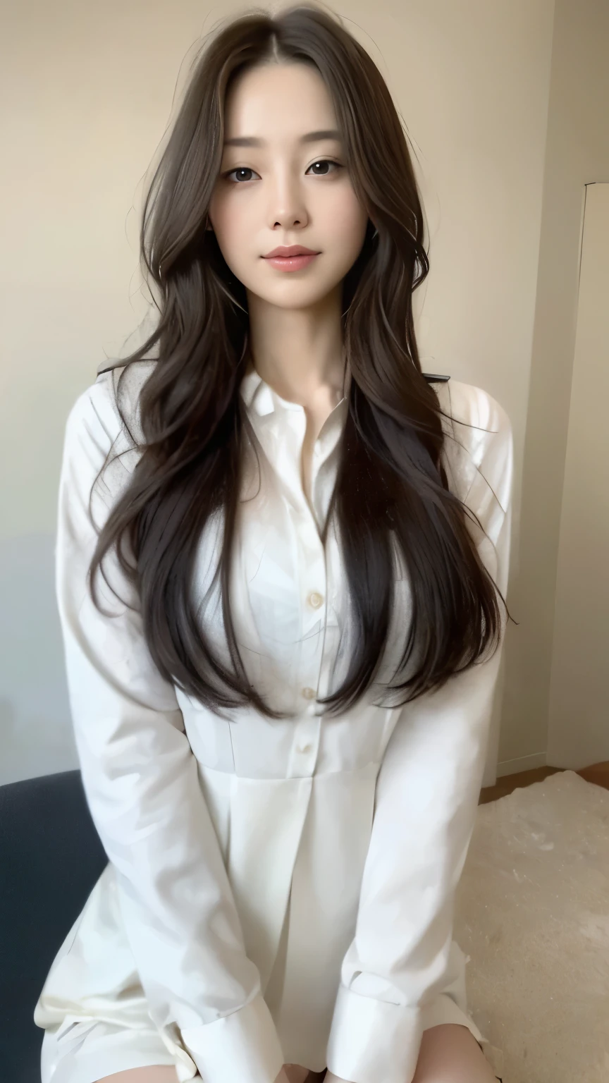 ((top-quality、8k、​masterpiece:1.3))、Beautiful woman with perfect body:1.4、slim abdomen:1.2、Longhair, normal breast, Highly detailed facial and skin texture, A detailed eye, delicate eyes, double eyelid, (smile), (full body shot), ((office room)), (sitting on chair), (((wearing white uniform 1.1))), looking in front
