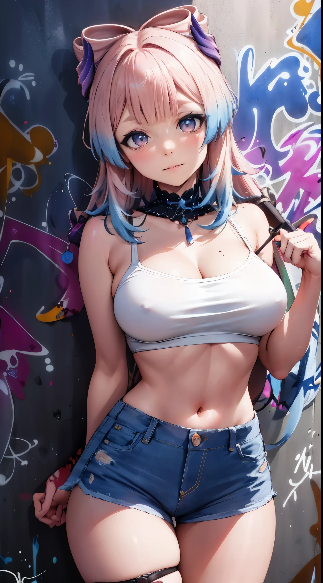 Sangonomiya Kokomi|genshin impact, master-piece, bestquality, 1girls,25 years old, shorts jeans, oversized breasts, ,bara, crop top, shorts jeans, choker, (Graffiti:1.5), Splash with purple lightning pattern., arm behind back, against wall, View viewers from the front., Thigh strap, Head tilt, bored, water eyes,