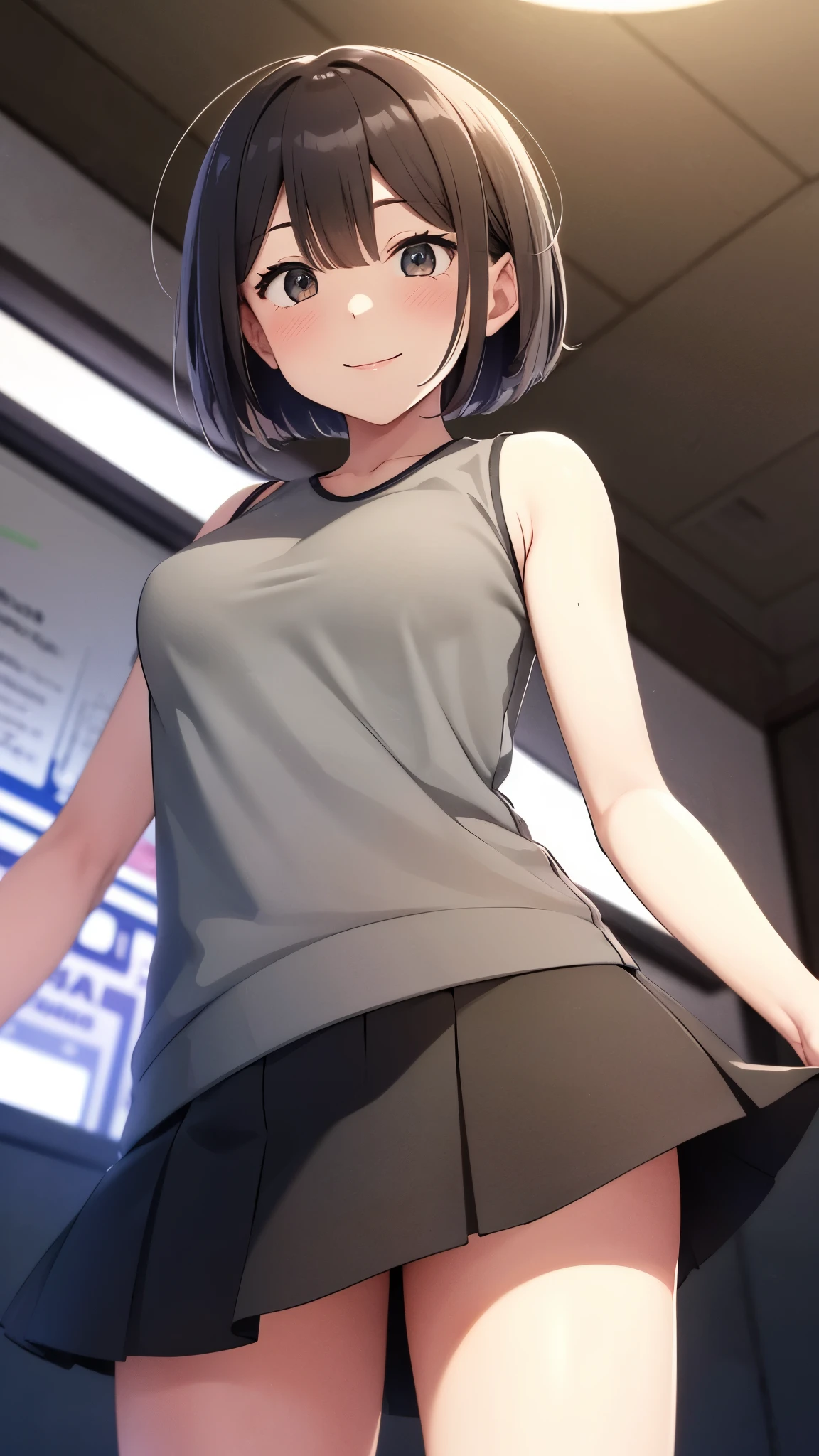 best quality, detailed face, 1girl, middle breast, smile, casual short shirt, mini skirt, good anatomy, looking at viewer, soft focus, cinematic lighting, depth of field, happy expression, black sleeveless shirt, gray skirt, short hair, from below, (upskirt:1.2)