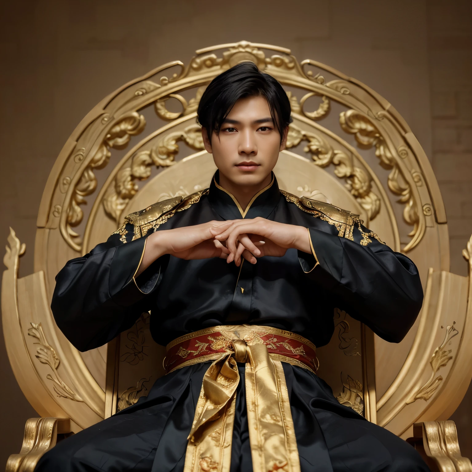 (Perfect details: 1.5, 8K wallpaper, masterpiece, Best quality, ultra detailed) man, emperor, Delicate facial features, Asian face, short black hair, Great hair, tied hair, Golden Silk Embroidered Dragon Mantle, Hanfu, Sitting on the dragon's chair, Hands on head, palace background, ancient golden emperor crown