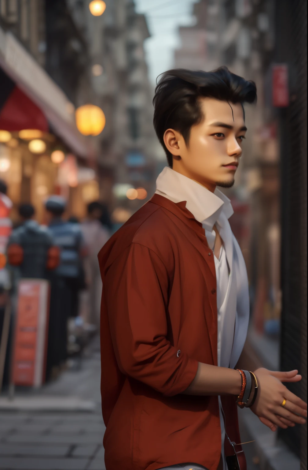 RAW photo, a portrait photo of 21 y.o man in casual clothes, night, city street, (high detailed skin:1.2), 8k uhd, dslr, soft lighting, high quality, film grain, Fujifilm XT3