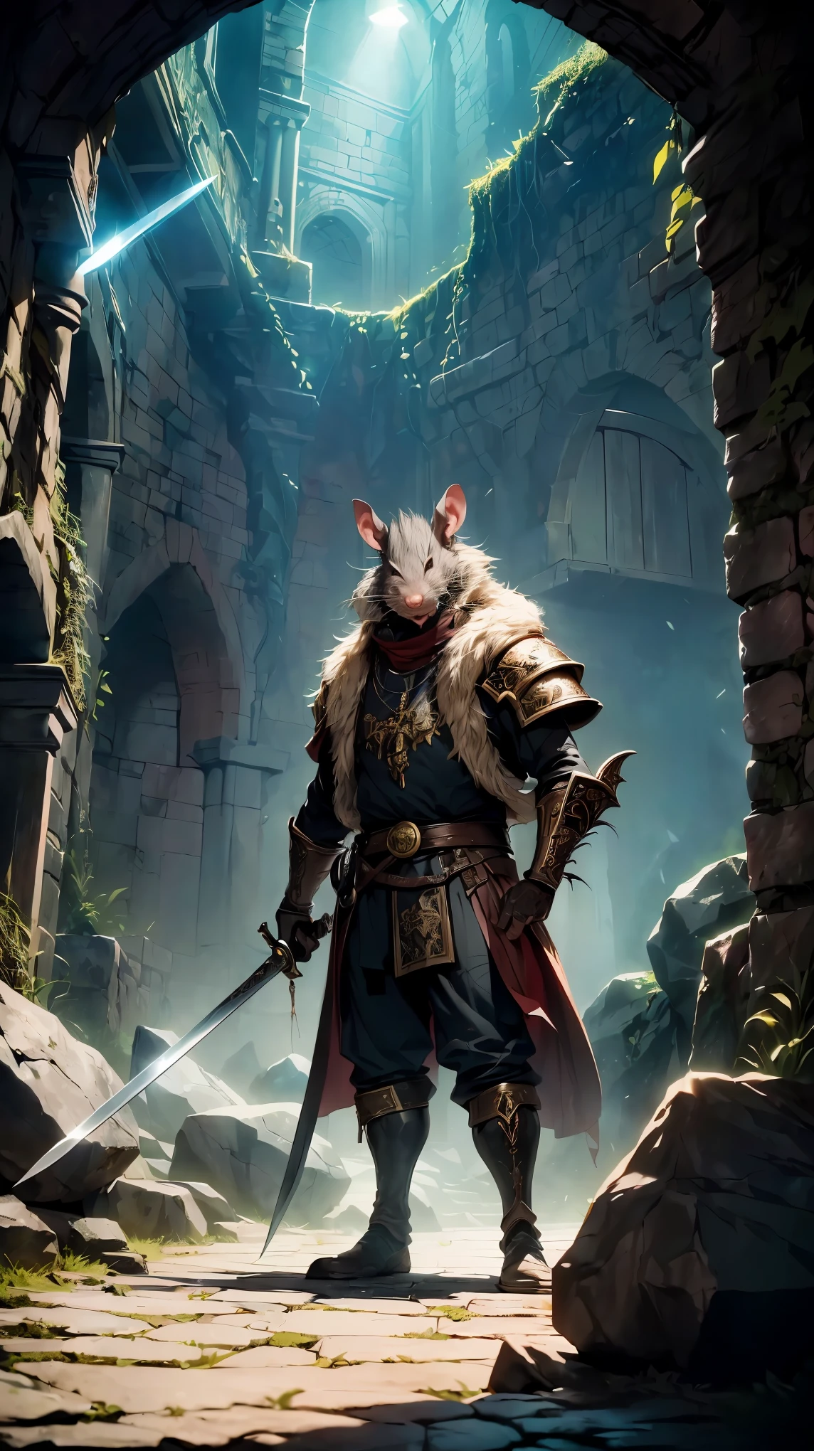 (8K, RAW photo, 最high quality, masterpiece:1.2), High-definition RAW color photo, Professional photo shoot, cinematic light, RPG design, dark fantasy graphics, Humanoid monsters, (((wererat))), ((full body shot)), (a rat-like man), demi-human, ((Equipped with a short sword and small shield, Humanoid monsters)), ((A man who looks like a big rat:1.2)), intimidate the audience, fantasy art, ((Underground dungeon background, Stone dungeons, labyrinth)), dim lighting, film grain, background bokeh, high quality, surreal, ((very detailed, photo shoot)),