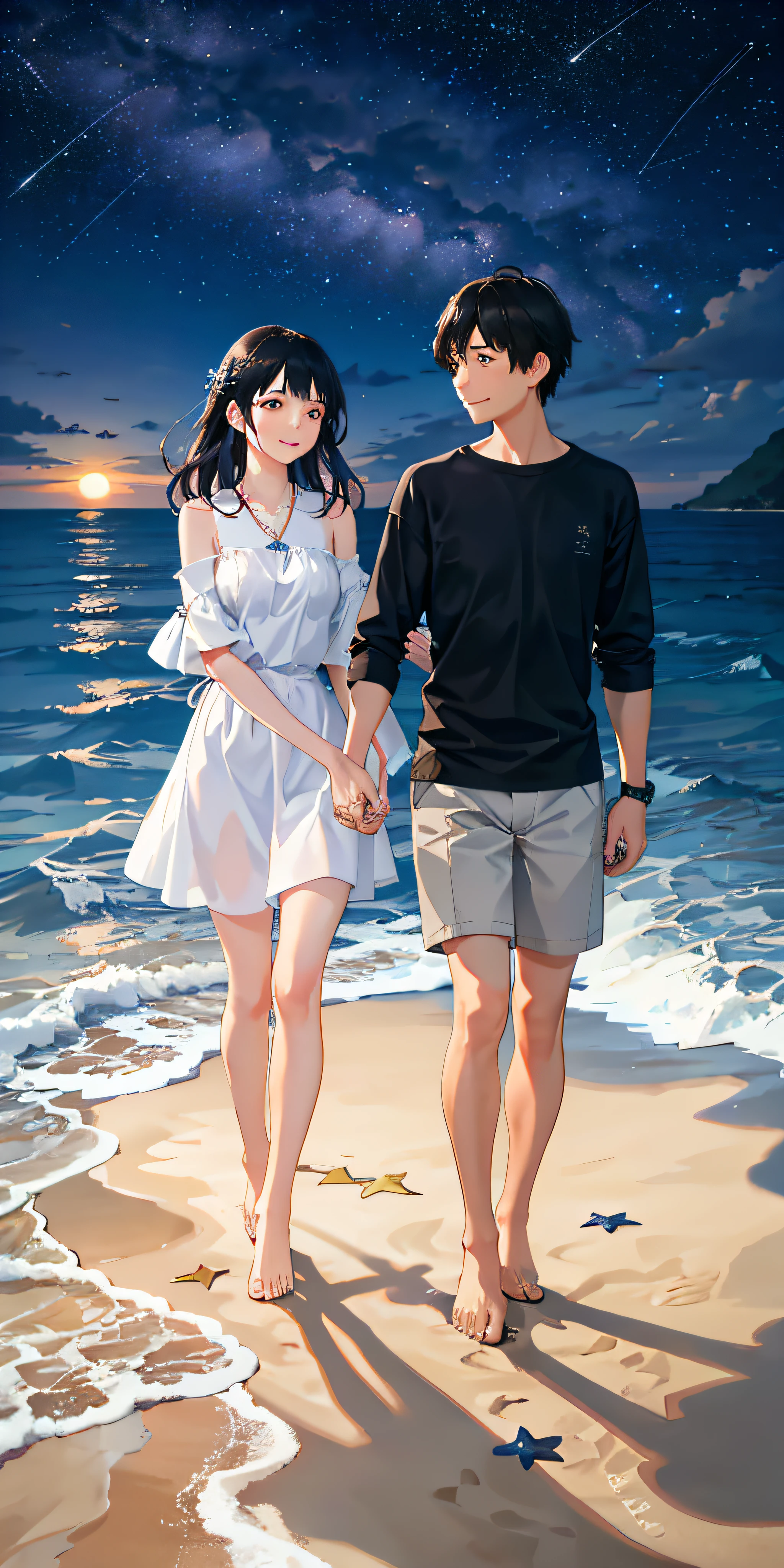 I was walking by the sea with my girlfriend,We held hands,Look at the stars,The waves gently lapping against the sand,The moonlight shone on her smiling face was particularly beautiful,I have her in my eyes,She looked at the sky。