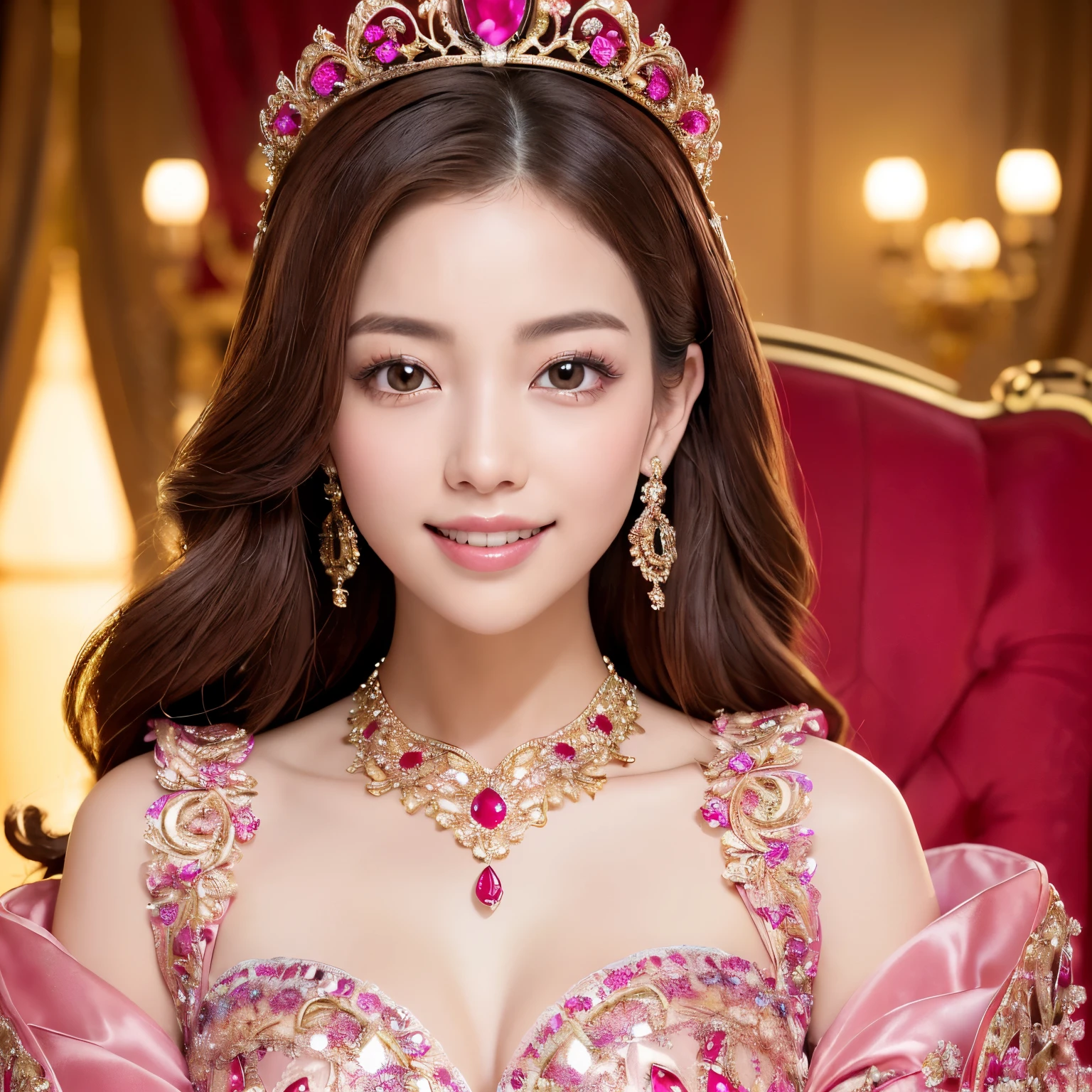 (((highest quality, debris flies, ultra high resolution、the most complex and detailed depiction、Awards, 8K、bright and vivid)))、((1 Japanese prostitute princess、pregnancy、Ultimate luxury with everything you can imagine,The most gorgeous red and pink whore costume,Red and pink costume,超巨大なthroneに座る,The most detailed and luxurious luxury princess room,shine intricately,red and pink sparkle、beautiful brown hair、Front fixed,The best smile staring at the camera,Please smile big,Smile affectionately at me,Take a photo from close to the face)),((最もゴージャスなthrone、top red and pink prostitute costume、large amount of jewelry decoration,The largest giant tiara in the world,detailed jewelry,detailed decoration,glitter costume,shining jewel、Huge decoration,giant costume,Huge sleeves,artistic decoration,very detailed decoration,very intricate decoration)),(big and full breasts,become familiar with,royal, majestic, Queen, Empress quality,table top, intricate details,realistic,, front close-up, throne, Upright posture, become familiar with顔,perfect teeth,white teeth,finely描かれた顔,beautiful face,perfect fingers,Exactly five fingers、 professional photos, very delicate and beautiful, very detailed,finely)), (巨大で壮大なthrone:1.2)、(Close up of a prostitute princess:1.2)