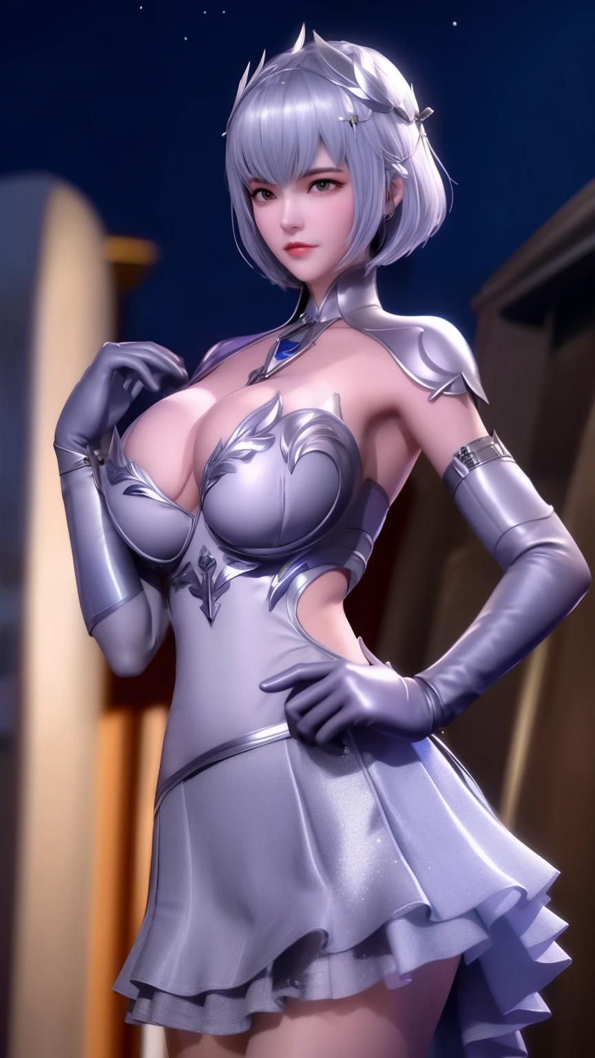 1 girl, short hair, hair accessories,white elbow gloves, aldult, city View, night, looking at the audience, DLDL Ye Lingling,skirt,jewelry, collar, Manicured neatly,silver hair,silver skirt,short skirt,breasts on display。breasts on display,exposing her breasts,breasts on display,