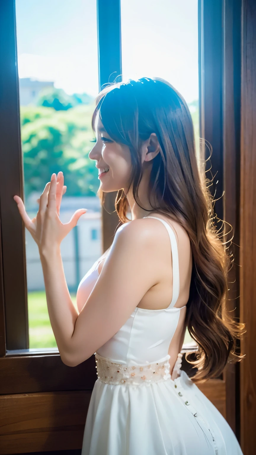 A beautiful woman standing in a chapel wearing a pure white wedding dress that shows little skin,(((Profile looking out the window,hands on the wooden window frame))),Full body shot from the side,best image quality,professional angle of view,Exceptional detail,Super high resolution,realistic:1.4),high detail,focus on details,1girl concentrated in high concentration,long hair,delicate and beautiful face,The white underwear is dazzling,Long limbs and slim waist like a model,White Pin Heels,The best smile with raised eyebrows and corners of the mouth,