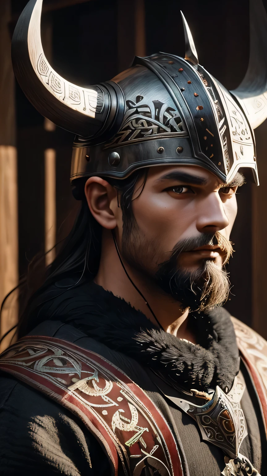A unique viking helmet crafted from a combination of sturdy wood and gleaming steel, adorned with intricately carved horns that add a touch of fierce elegance to its traditional design.