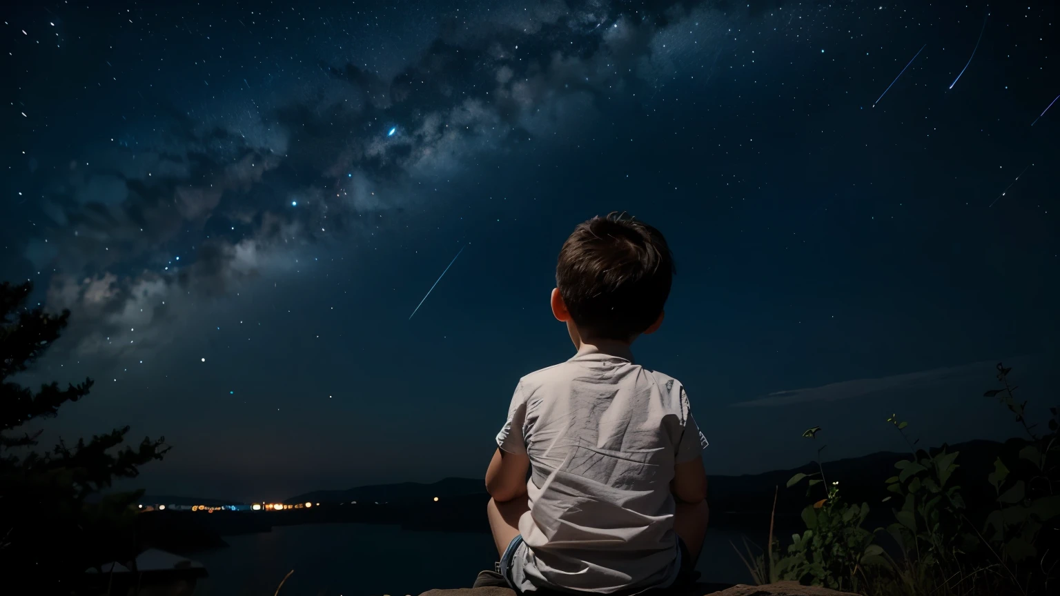 The back of a boy looking up at the night sky,