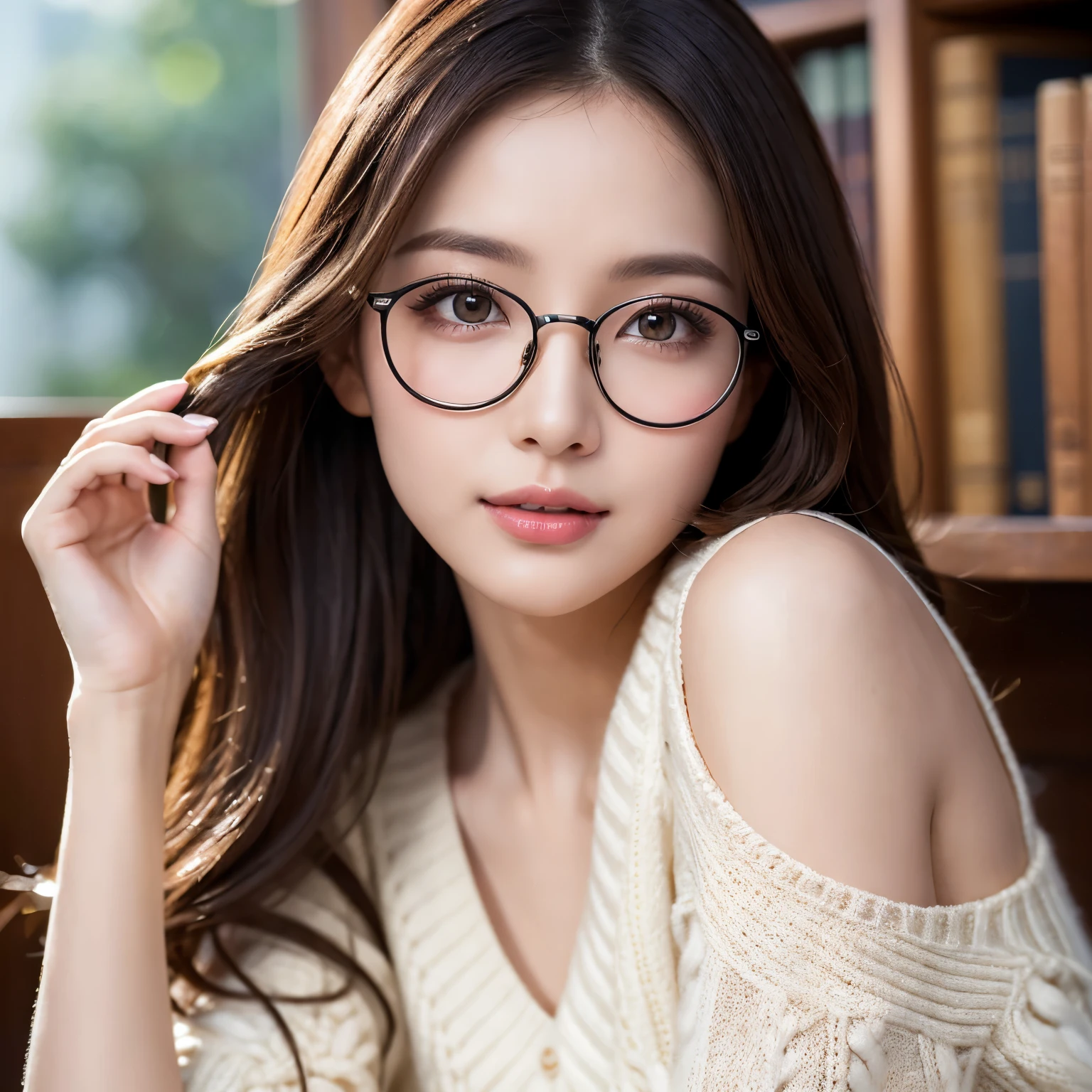 ((highest quality、masterpiece、best image quality、Award-winning work、8K resolution、professional photography)), one beautiful woman、casual clothes、(classy and perfect knitwear:1.2)、elegant mini tight skirt、(close up of a woman:1.2)、[clavicle]、A dreamy smile staring at me、accurate anatomy、perfect makeup、dark lipstick、long eyelashes、(Super high resolution glossy white skin:1.1)、highly detailed face、(classy and perfect glasses:1.2)、portrait photo of a beautiful female、Blurred library background、romantic、love mood、Upper body photo of a beautiful woman standing、Moody warm lighting、ultra high definition hair、Ultra High Definition Face、Ultra-high-definition eyes、Shining beautiful skin、Shining ultra-high definition skin、(the most detailed and perfect face:1.1)、(most detailed glowing eyes:1.1)、(Super high-definition beautiful skin with beautiful luster and moisture:1.1)