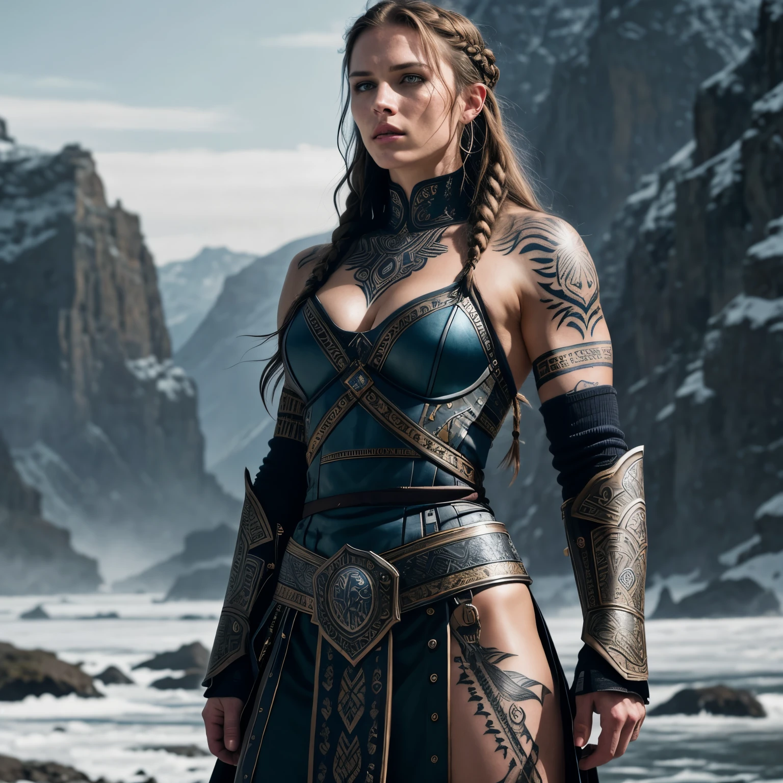 raw photo, fierce Viking woman, viking custom, upper body shot, fashion photography, embodying bravery and resilience in a rugged landscape, (random background), depth of field