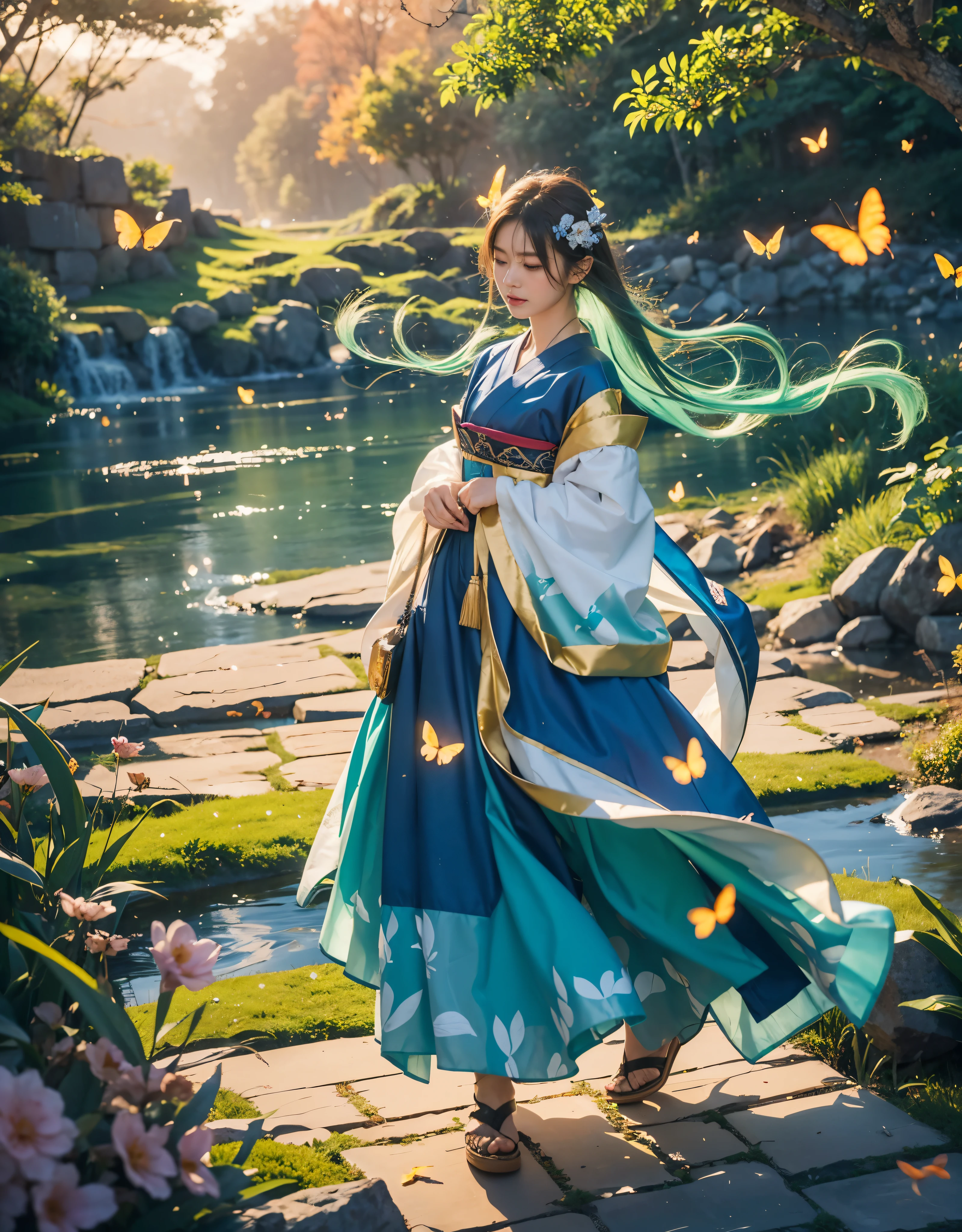 a mountain lake with a sunset mountain range in the background, girl with dress walking back in the stone way, beautiful art uhd 4 k, 4 k hd wallpaper very detailed, extraordinary colorful landscape, 4k highly detailed digital art, landscape wallpaper, scenic colorful environment, fantastic landscape, 8k high quality detailed art, majestic nature scenery, detailed painting 4 k, epic beautiful landscape, natural landscape beauty, Landscape, bokeh realistic landscape field of glow flowers and glow of lots butterflies flying around in the of standing back japanese girl with long dress, glow butterfly, lots of glow butterfly, fireflies, very many lots of fireflies, makoto shinkai cyril rolando, kimi no nawa meteor, anime art wallpaper 8k, Top quality masterpiece, deep focus, macro shot, fliying fireflies, lots lamp, falling leaf, falling leaf is a smooth glow light, glow, anime, object, girl (girl walking a long masterpiece) (long object), color combination masterpiece, glow light, dark morning, reflection, beautiful anime scene, japanese concept landscape art, volumetric lighting, bokeh, realistic beautiful peace scene, lots of butterflies glow, pure lanscape, 8k beautiful anime, intricate, elegant, point of interest photography, perfect night landscape anime (masterpiece, side natural lighting, finely detailed beautiful clear night lanscape), long hair, lots of hair, clear sky, ray of light, rule of third photography, point of interest photography, perfect landscape color tone, leaf, falling leaf, dew, little water, Fog, saturation glow light,