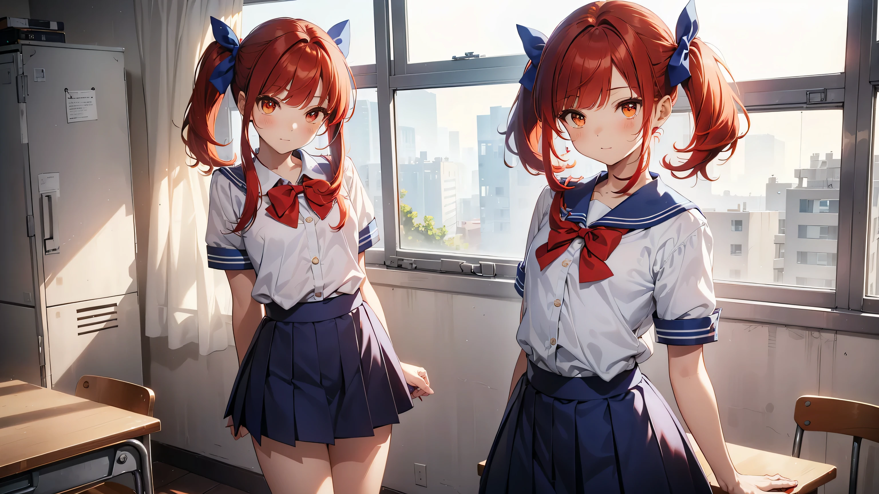 ((Calidad superior, ultra detallado, high resolution, CG extremadamente detallado, fondo de pantalla de unidad 8k, por artista famoso, perfect anatomy, super detailed skin, cinematic lighting, HD, retina, anatomically correct, 1080P)), (Por favor, draw a single happy girl walking in a school classroom. :1.3), ((1 chica)), (Solo, rostro,13歳:2.0), Un estudiante de secundaria, Androgynous Amulet, (pelo medio, ((pelo rojo completo)) ((pelirrojo)), coletas, flequillo recto, with a little bow in her hair) Extremidades completas, dedos completos, ((Dedos perfectos)), pecho plano, Cuerpo , Small rear, ingle, Hermosos ojos llenos de oro amarillo detallados., ojos perfectos, uniforme escolar marinero blanco y azul ((la blusa es blanca, la falda es azul, lazo rojo en la blusa, Cuello marinero azul, mangas cortas:)) (Detailed lighting), (antecedentes detallados), (en la zona escolar), vista de cuerpo completo, de pie, piernas, zapatos uwabaki. lindo, chica soltera kawaii (una chica), Toma de cuerpo completo. El fondo es la escuela., cuerpo delantero, I want to see her walking and see her in a vista de cuerpo completo, sin media, thin piernas, Small height, tender rostro